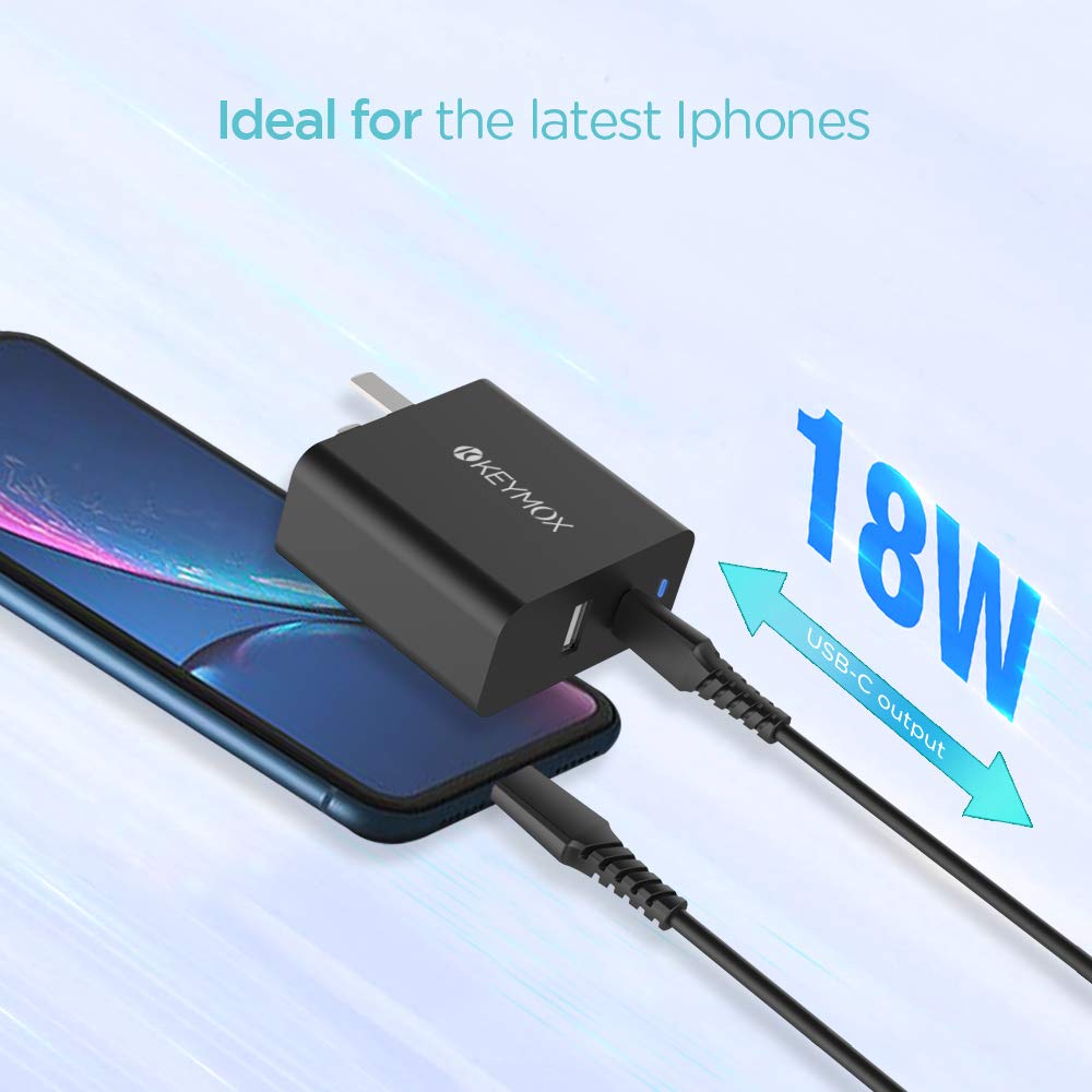 KEYMOX 30W Dual Port USB C Fast Charger with 18W PD - Compatible with iPhone 12/12 Mini/12 Pro/11 Pro, Galaxy S10/S9/S9+, iPad Pro, Samsung, Google Pixel, Huawei - Perfect for Travel, Office & Home Charging