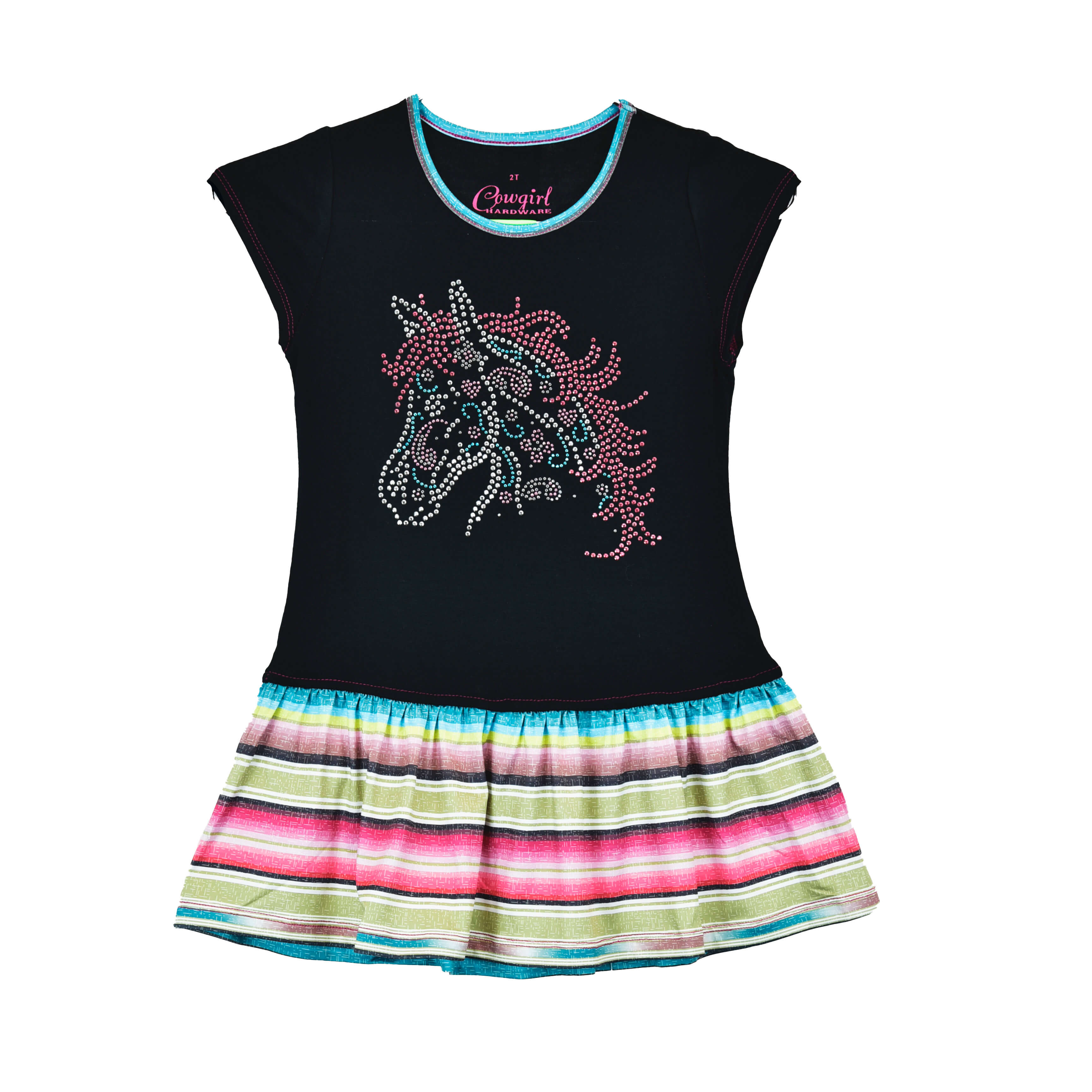 Baby Girl Cowboy Western Short Sleeve Dress with Horse & Serape Print - Black & Pink Outfit for Birthday, Photo Shoots & Western Theme Parties