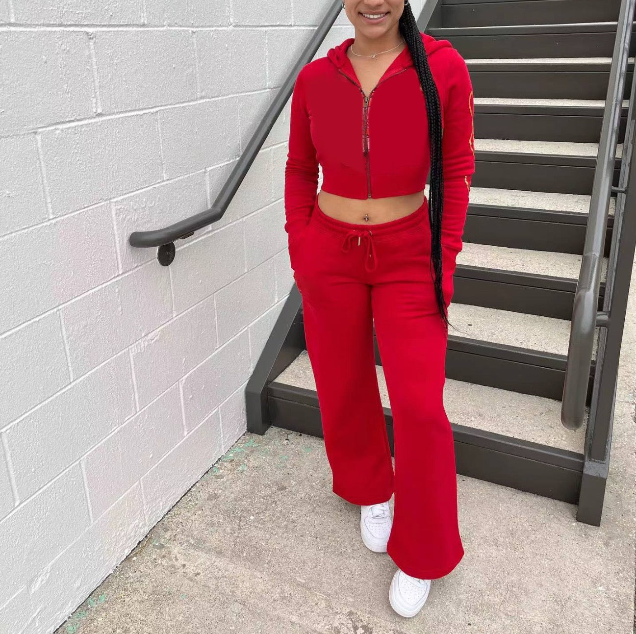 Printed Zippered Short Cardigan & Straight Pants Set - Women's Casual Knitwear Outfit for Spring/Fall - Perfect for Office, Travel, and Weekend Wear