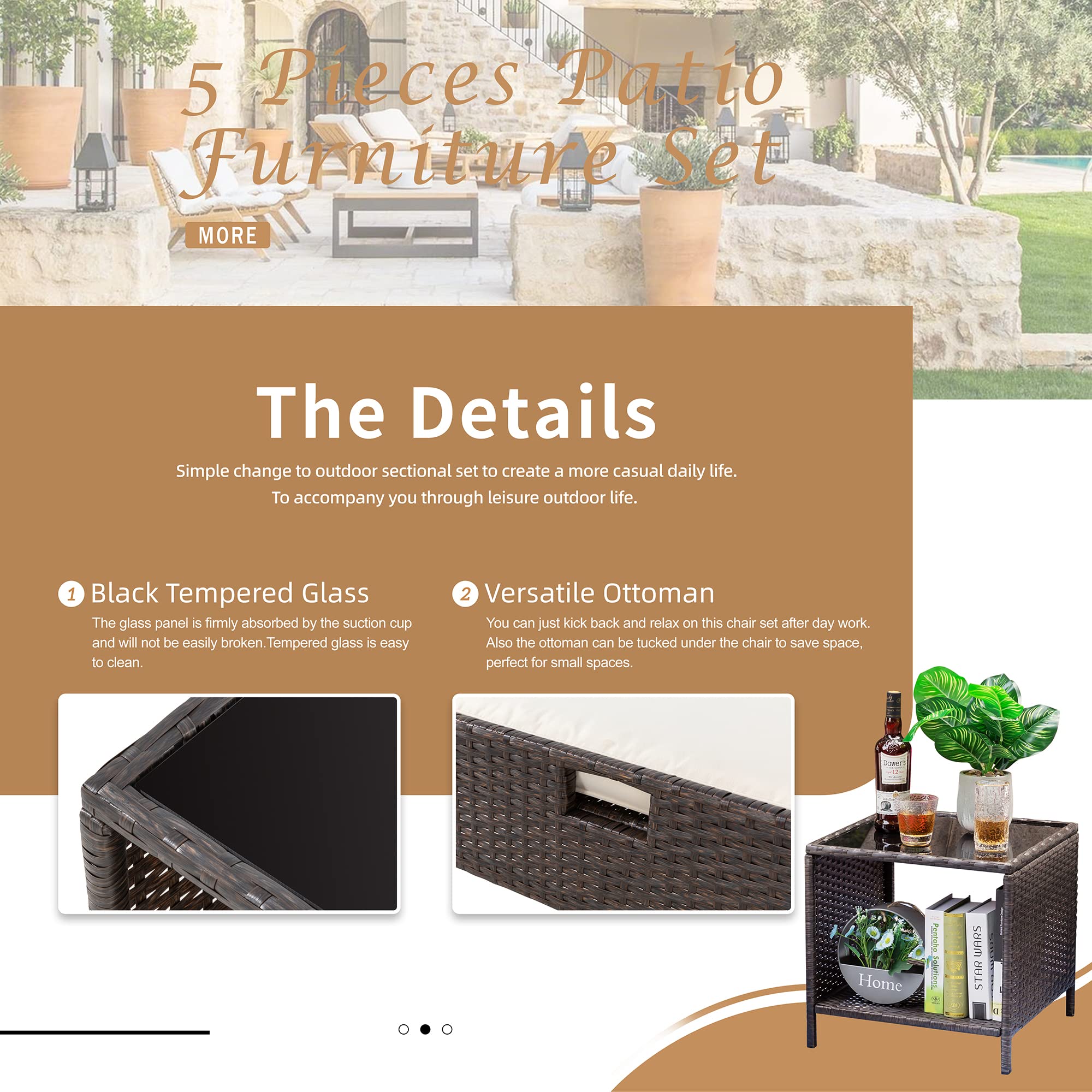 Shintenchi 5-Piece All-Weather PE Rattan Outdoor Patio Furniture Set with Cushioned Lounge Chairs & Ottoman - Perfect for Garden, Poolside, Balcony, and Backyard Relaxation