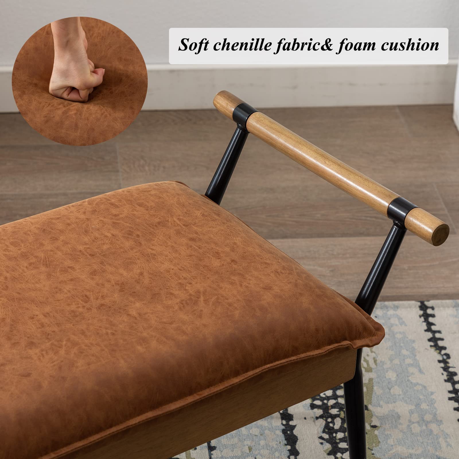 Modern Rectangle Ottoman Bench with Arms & Metal Legs - Mid Century PU Dining Table Bench, Footstool & Entryway Shoe Storage - Perfect for Living Room, Bedroom & Dining Room - Brown