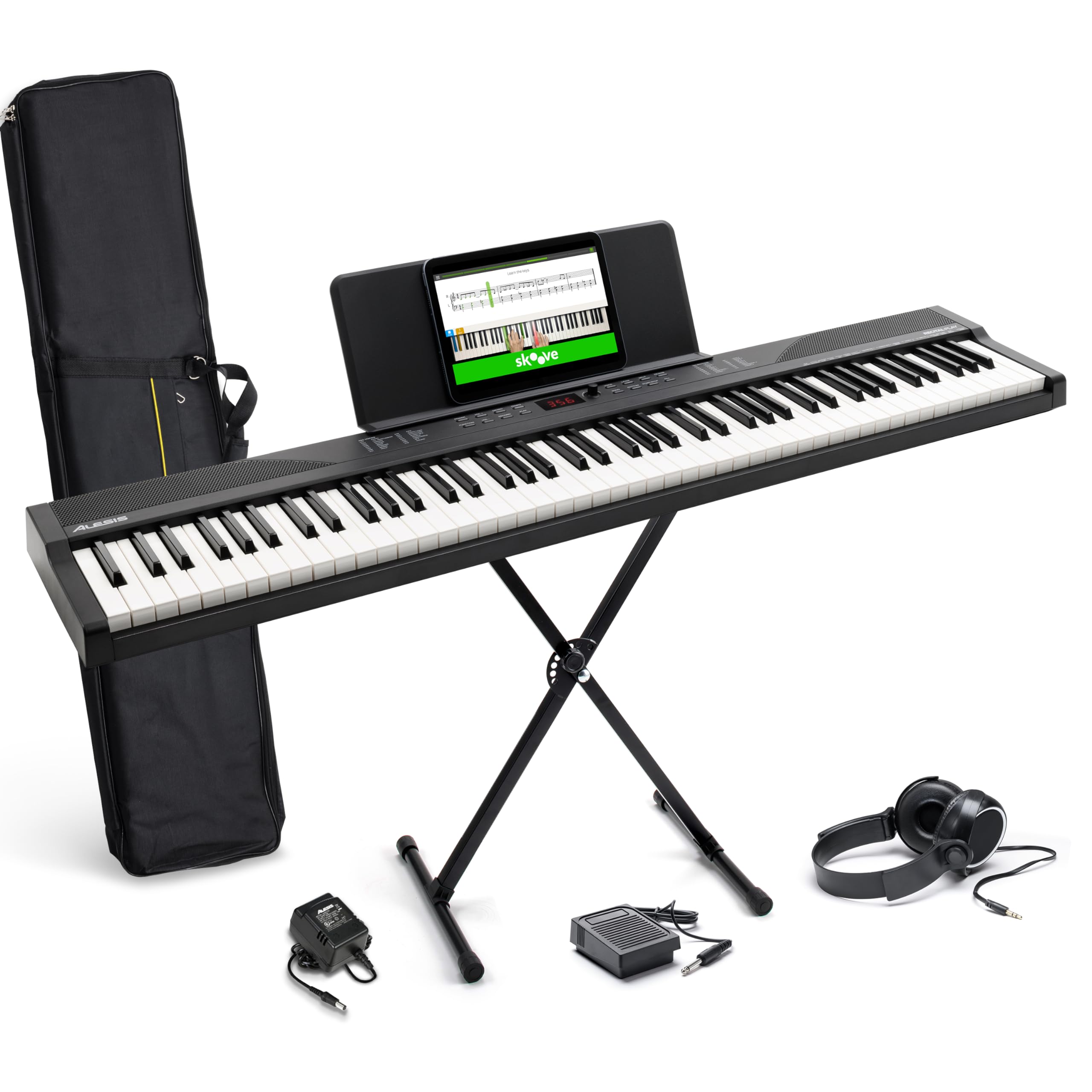 Alesis 88-Key Digital Piano Keyboard with 480 Voices, Built-in Speakers, USB MIDI Connectivity - Includes Carry Bag, Stand, Headphones, Sustain Pedal & Beginner Lessons - Perfect for Home Practice, Music Production & Live Performances