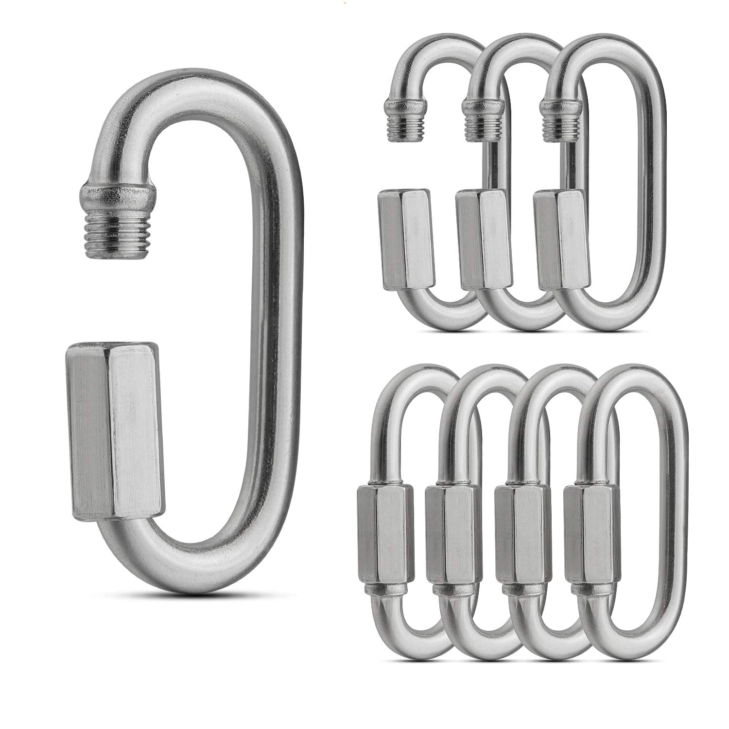 8 Pack Stainless Steel Quick Link Carabiner Clips - 1/4 Inch Oval Locking Connectors for Chains, Ropes & Cables - Heavy Duty 620Lbs Capacity - Perfect for Trailers, Swings, Hammocks & Camping Gear