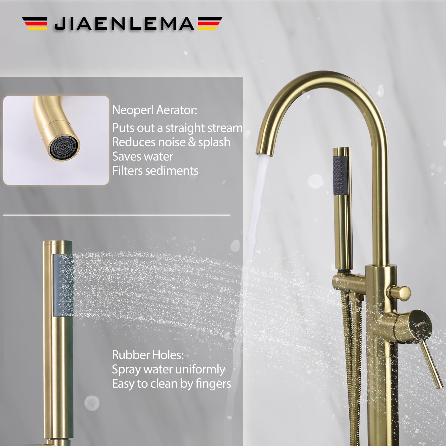 Freestanding Bathtub Faucet Brushed Gold - High Flow Brass Tub Filler with Hand Shower & Sprayer, Single Handle Floor Mount Faucet with Diverter for Luxury Bathroom & Spa Experience - JIAENLEMA