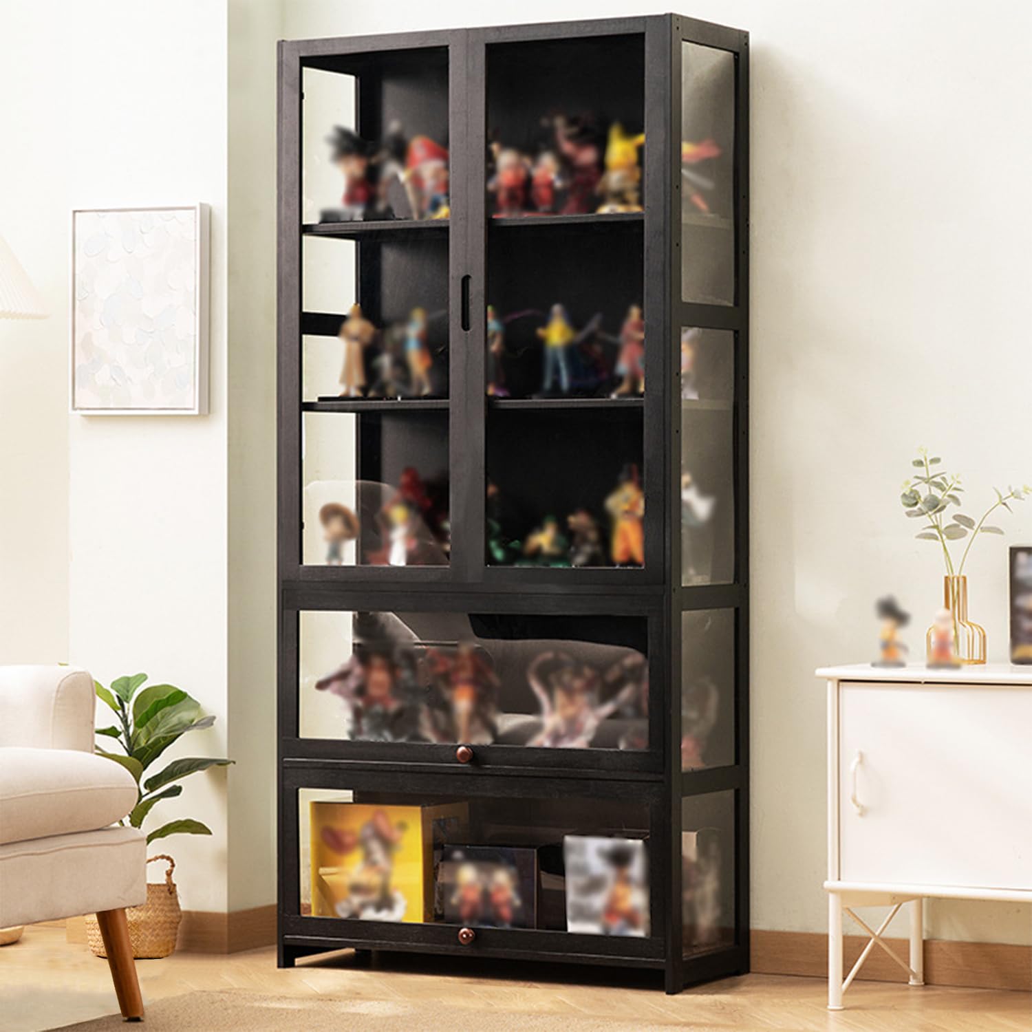 YangAera 31.5x12.6x66.9 Inch Acrylic Display Cabinet with Flip Door - Bamboo Glass Curio Shelf for Collectibles & Storage | Easy Assembly Black Display Case - Perfect for Living Room, Bedroom, or Office Decor