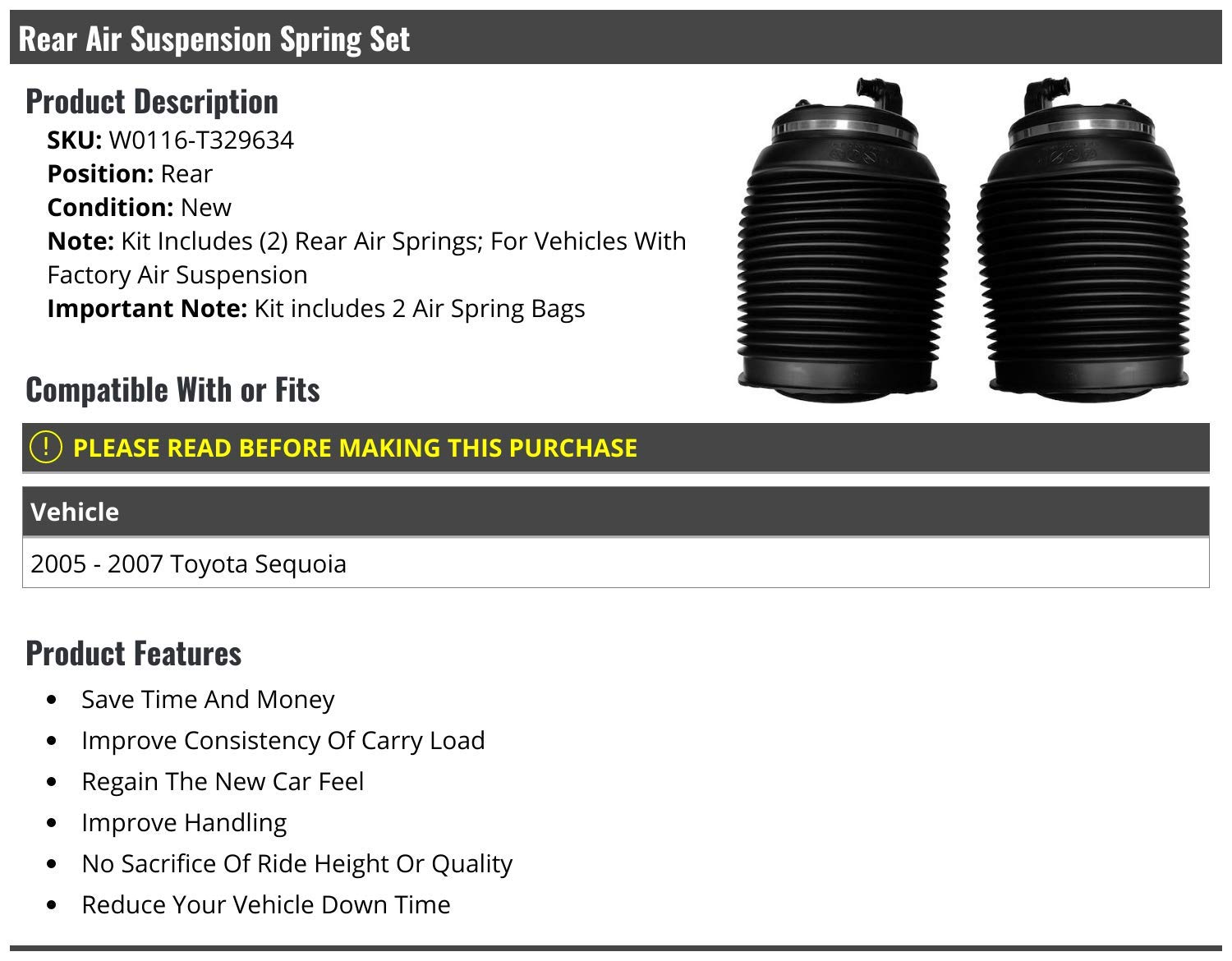 Rear Air Suspension Spring Kit (Pair) - Compatible with 2005-2007 Toyota Sequoia with Factory Air Suspension | Replacement for Worn Suspension Parts | Improves Ride Comfort & Load Capacity