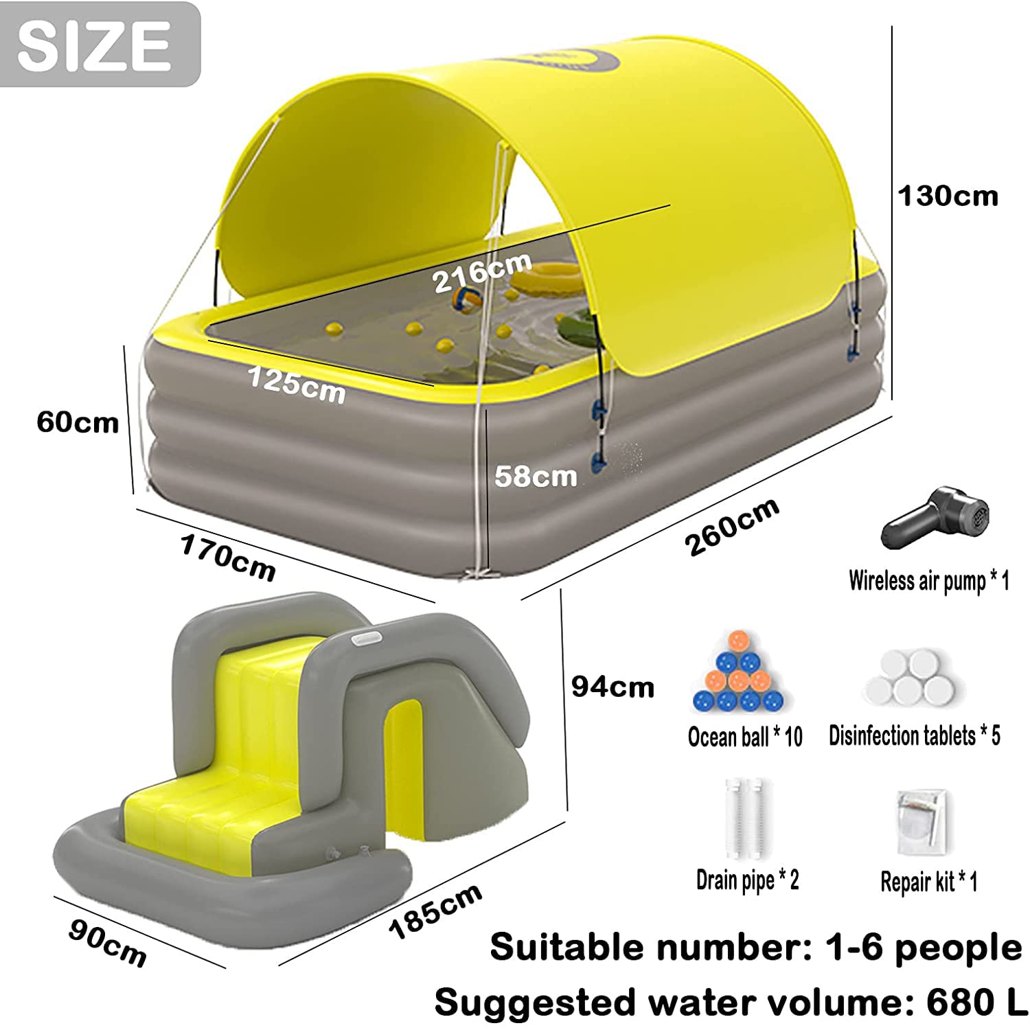 YUEWO 2.6m Inflatable Swimming Pool with Canopy - Portable Above Ground Blow Up Pool for Adults & Family - Outdoor Garden Backyard Summer Fun (Yellow, 3 Layers) - Perfect for Parties, Relaxation & Kids Play