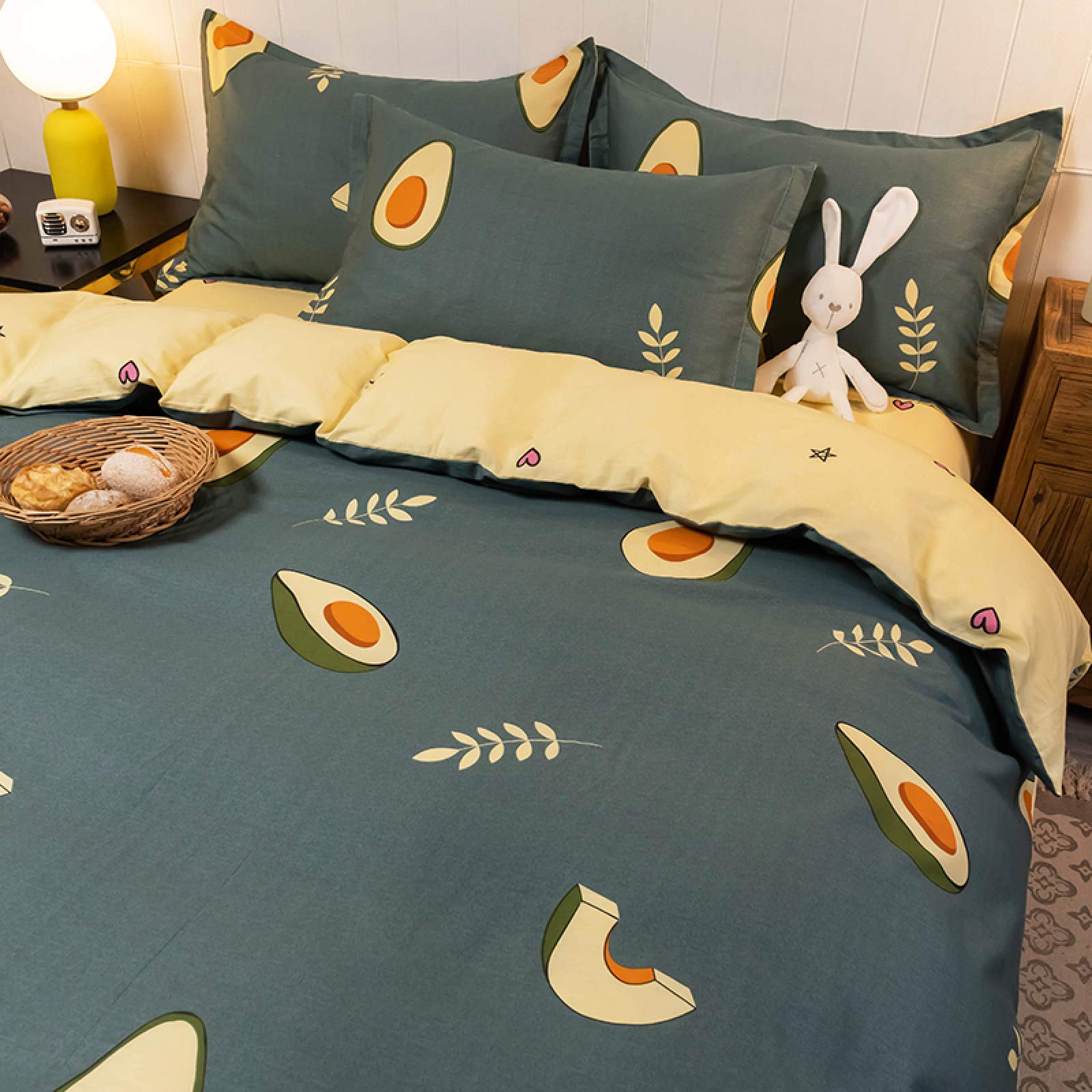 HUJIE 4-Piece King Size Bed Sheet Set - Soft Cotton Avocado Print Bedding (220x240cm) with Pillowcases | Breathable Summer Sheets for Comfortable Sleep | Perfect for Guest Rooms, Dorms & Cozy Home Decor