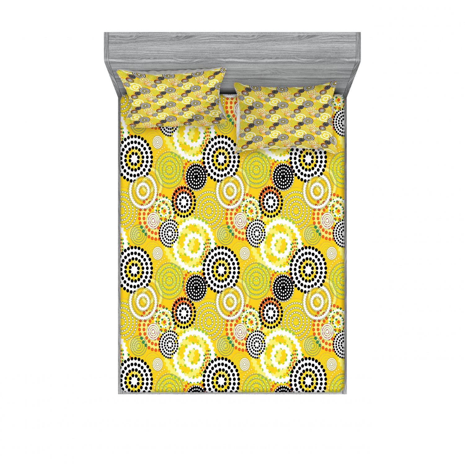 Ambesonne Geometric 2-Piece Full Size Fitted Sheet Set with 4 Pillow Shams - Psychedelic Ring Pattern in Mustard Yellow | Modern Bedroom Decor for Guest Rooms & Dorm Essentials