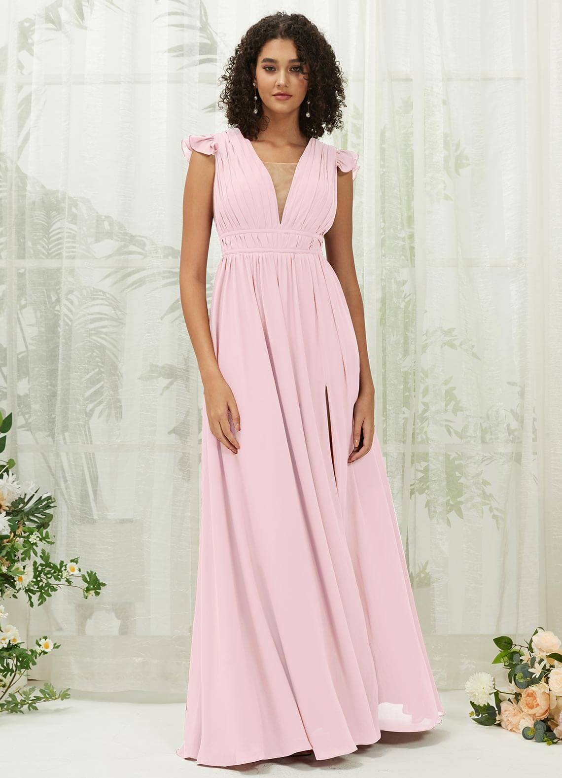 Elegant Blush Cap Sleeves Pleated V-Neck Chiffon Maxi Bridesmaid Dress for Weddings & Formal Events