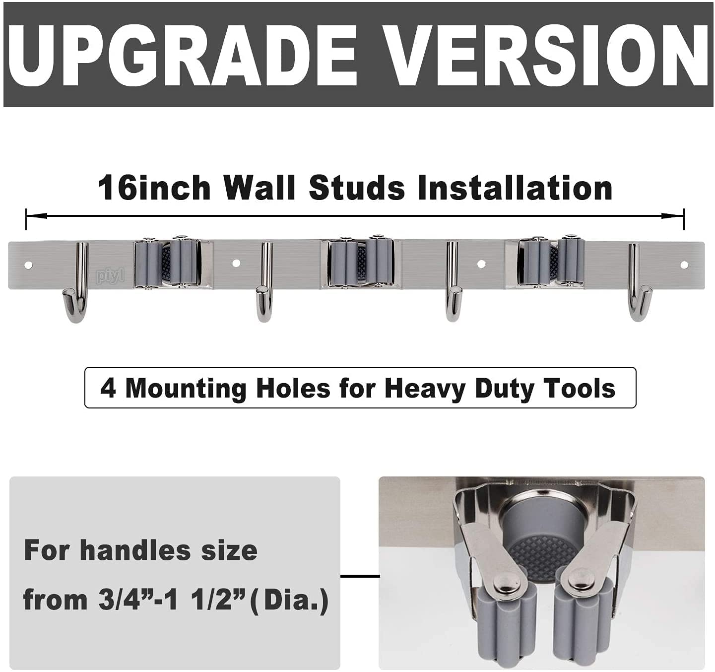 Stainless Steel Broom and Mop Holder Wall Mount - Heavy Duty Storage Organizer with 3 Racks & 4 Hooks for Bathroom, Kitchen, Office, Closet, Garden - Perfect for Organizing Cleaning Tools and Maximizing Space