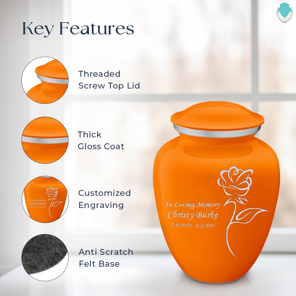 Personalized Rose Cremation Urn for Ashes - Large Burnt Orange Funeral Urn for Adults with Double-Side Engraving (Holds 200 lbs) - Perfect for Memorial Services & Home Display