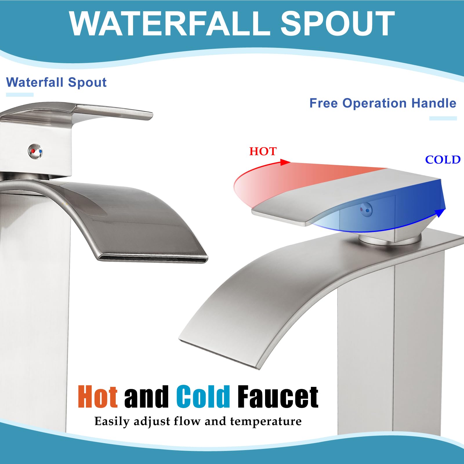 Modern Tall Waterfall Bathroom Faucet - Brushed Nickel for Sink & Vanity
