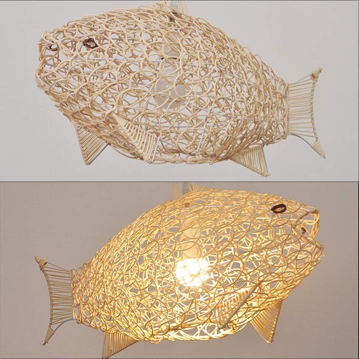 24 Inch Natural Wicker Pendant Light - Handwoven Rattan Fish-Shaped Lantern with Adjustable Cord for Ceiling, Dining Room, Living Room & Restaurant Decor | Boho, Coastal & Tropical Home Lighting