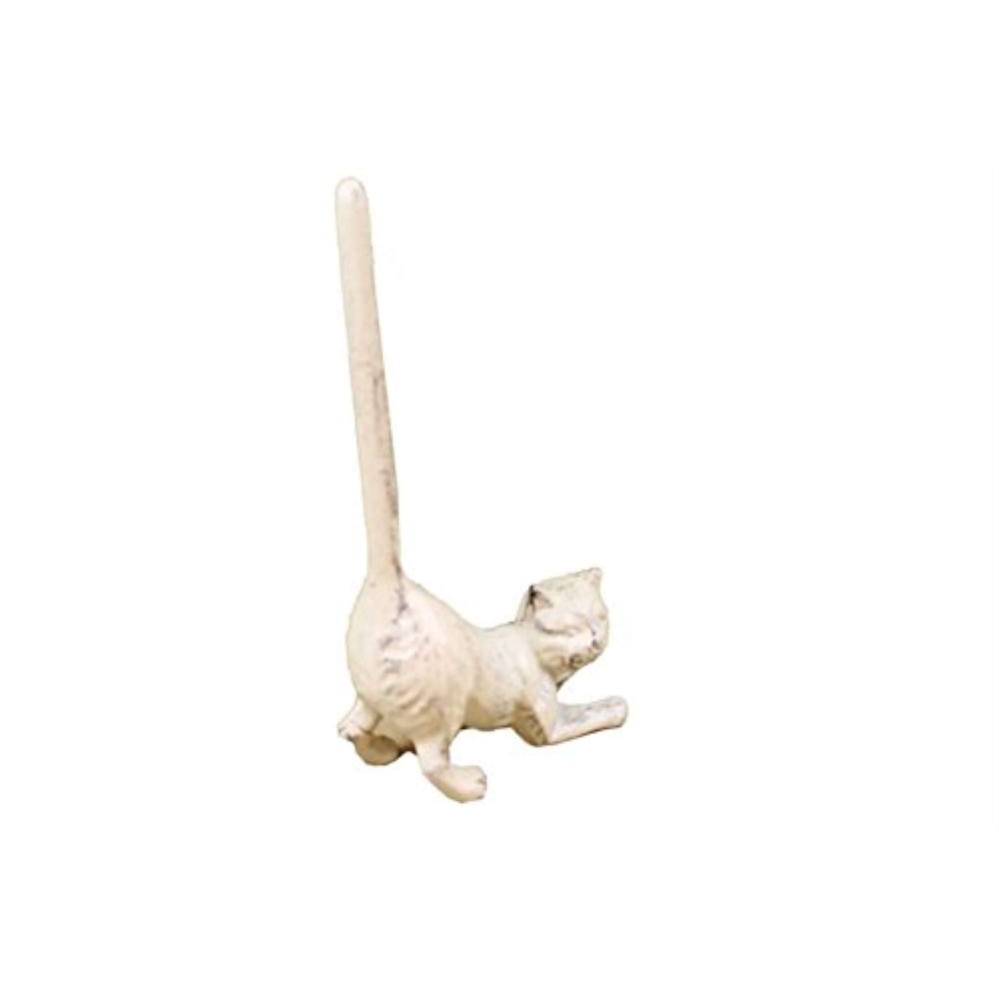 10 Inch Whitewashed Cast Iron Cat Paper Towel Holder - Rustic Kitchen Decor for Farmhouse Style - Perfect for Kitchen Countertops and Bathroom Storage