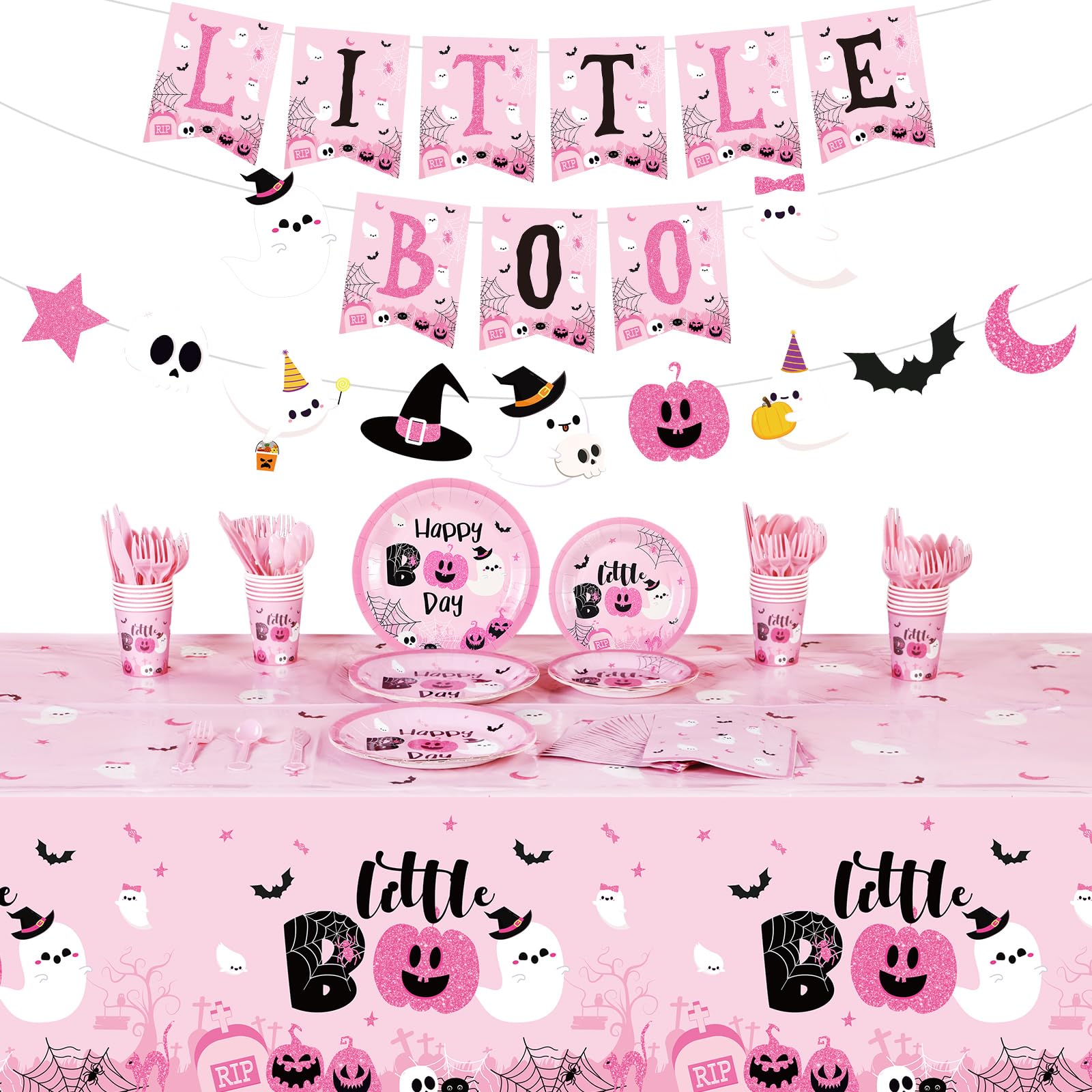 Geyee 173-Piece Pink Halloween Party Supplies Kit - Includes Tablecloth, Pumpkin Ghost Decor, Boo Banner, Plates & Napkins for 24 Guests | Perfect for Halloween Parties, Baby Showers & Birthday Celebrations
