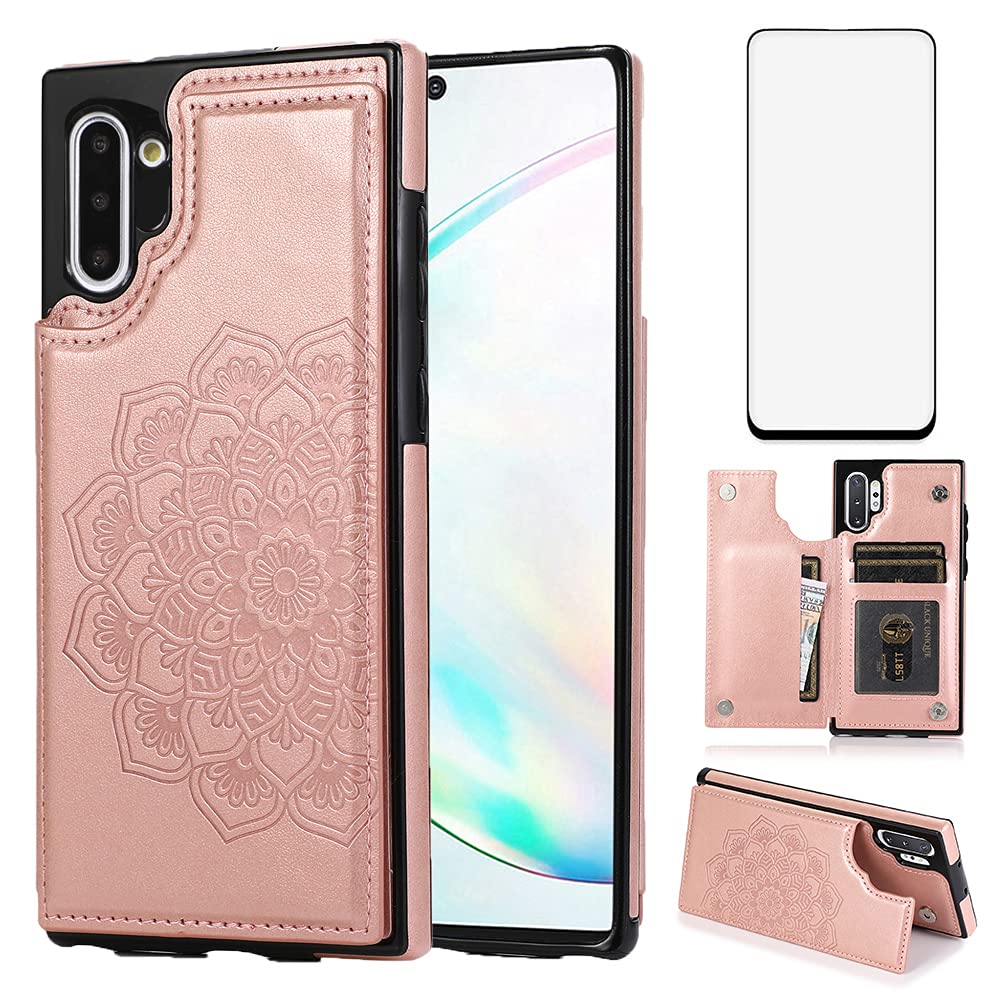 Premium PU Leather Wallet Case for Samsung Galaxy Note 10 with Card Holder & Kickstand - Rose Gold Women's Protective Cover with Tempered Glass Screen Protector | Perfect for Business, Travel & Everyday Use
