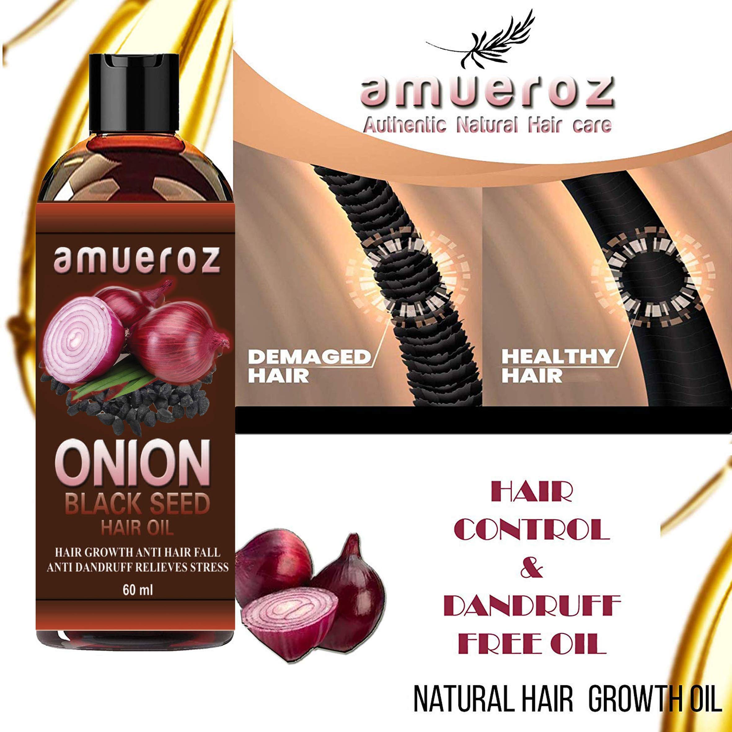 Amueroz Onion Shampoo for Hair Growth & Black Seed Hair Oil Set - 200ml Shampoo + 60ml Oil with Red Onion Extract | Natural Hair Care for Thinning Hair, Hair Loss Treatment & Scalp Health | Daily Use for Men & Women