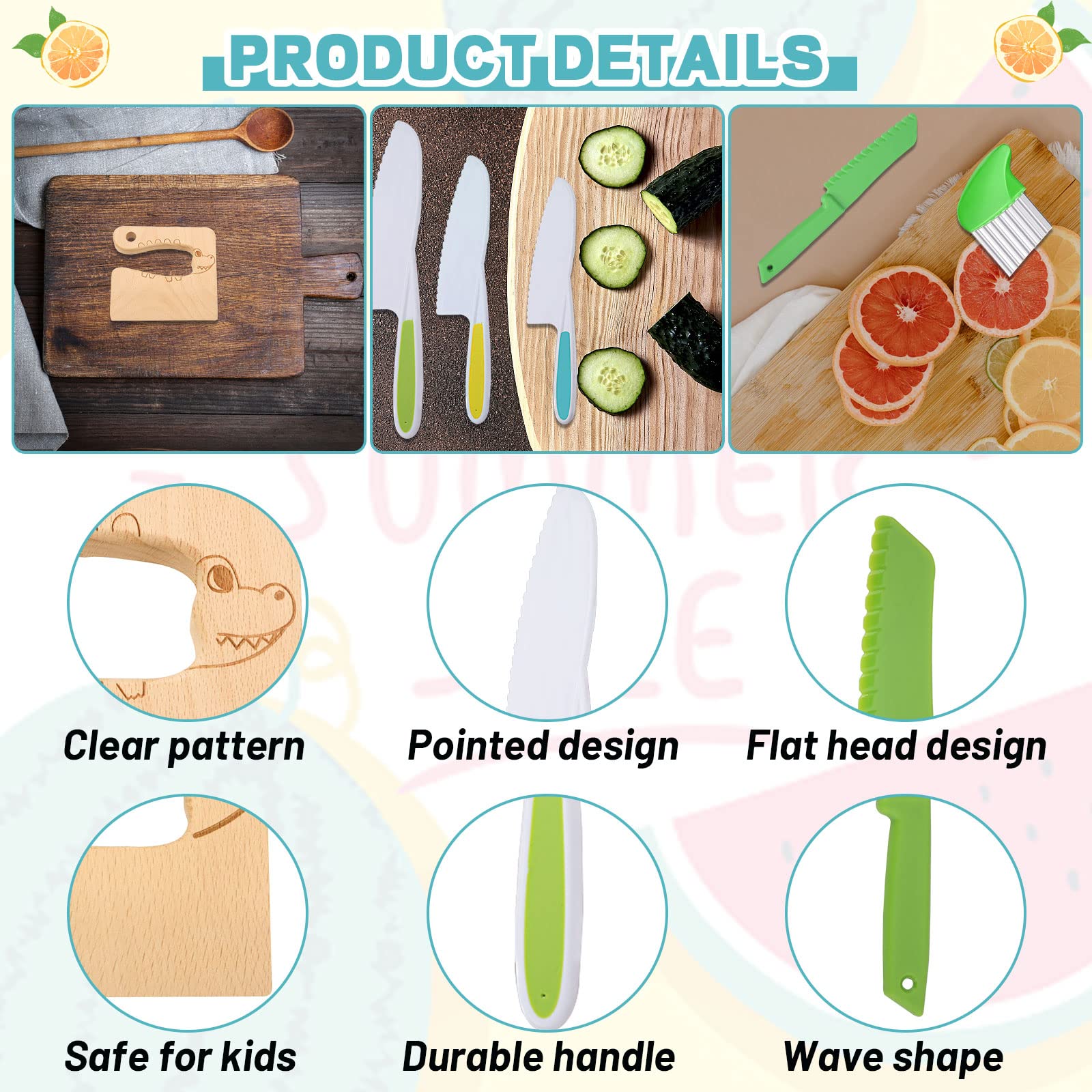 KOLODOGO 10-Piece Wooden Kids Kitchen Knife Set - Safe Plastic Slicers, Cooking Knives & Cake Scraper with Adorable Rectangle Cutting Board | Perfect for Toddler Cooking Pretend Play, Birthday Gifts & Montessori Learning Activities