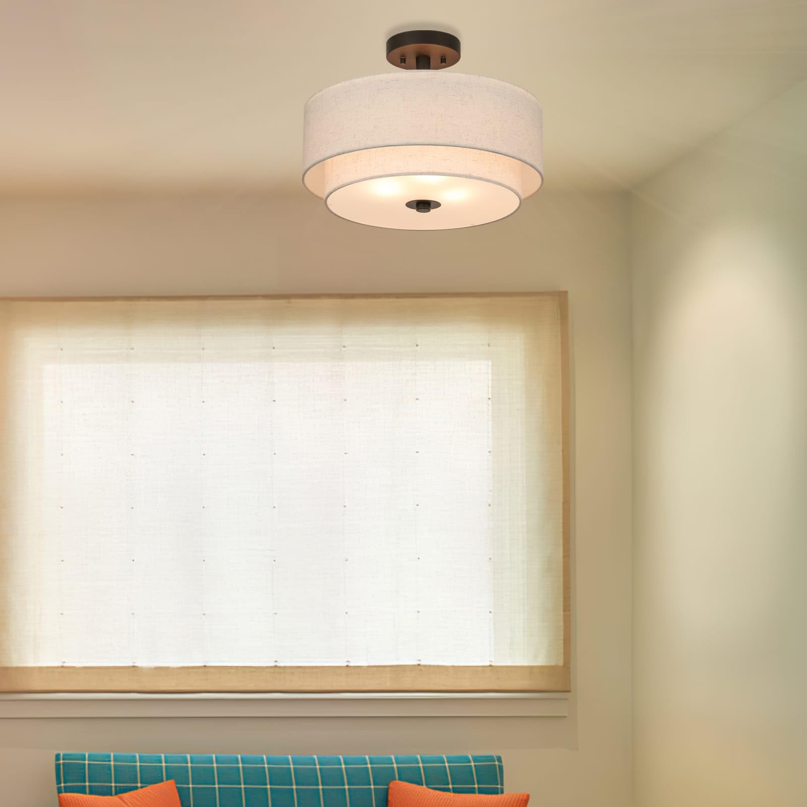 XiNBEi Modern 3-Light Drum Semi Flush Mount Ceiling Light Fixture with Fabric Shade - Dark Bronze Finish for Bedroom, Living Room & Dining Room - Close to Ceiling Lighting Solution XB-SF1289-DB | Perfect for Home Decor, Apartment Lighting and Interior Design