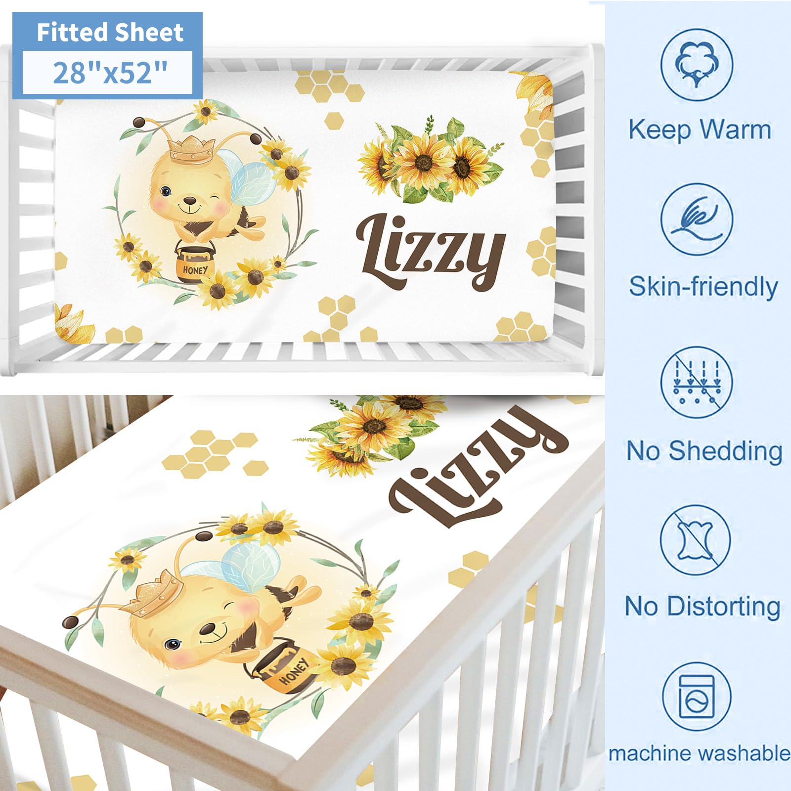 Personalized Baby Crib Bedding Set - 5 Piece Custom Nursery Set with Name for Boys & Girls | Sunflower Bee Theme Crib Set | Perfect Baby Shower Gift & Nursery Decor for Toddlers & Newborns