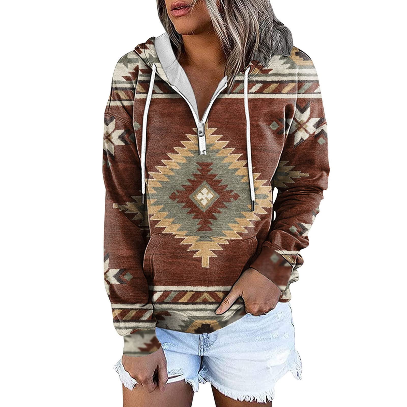Vintage Aztec Print Women's Long Sleeve Zip-Up Hooded Sweatshirt - Casual Fall & Spring Pullover for Outdoor Activities, Travel, and Everyday Wear