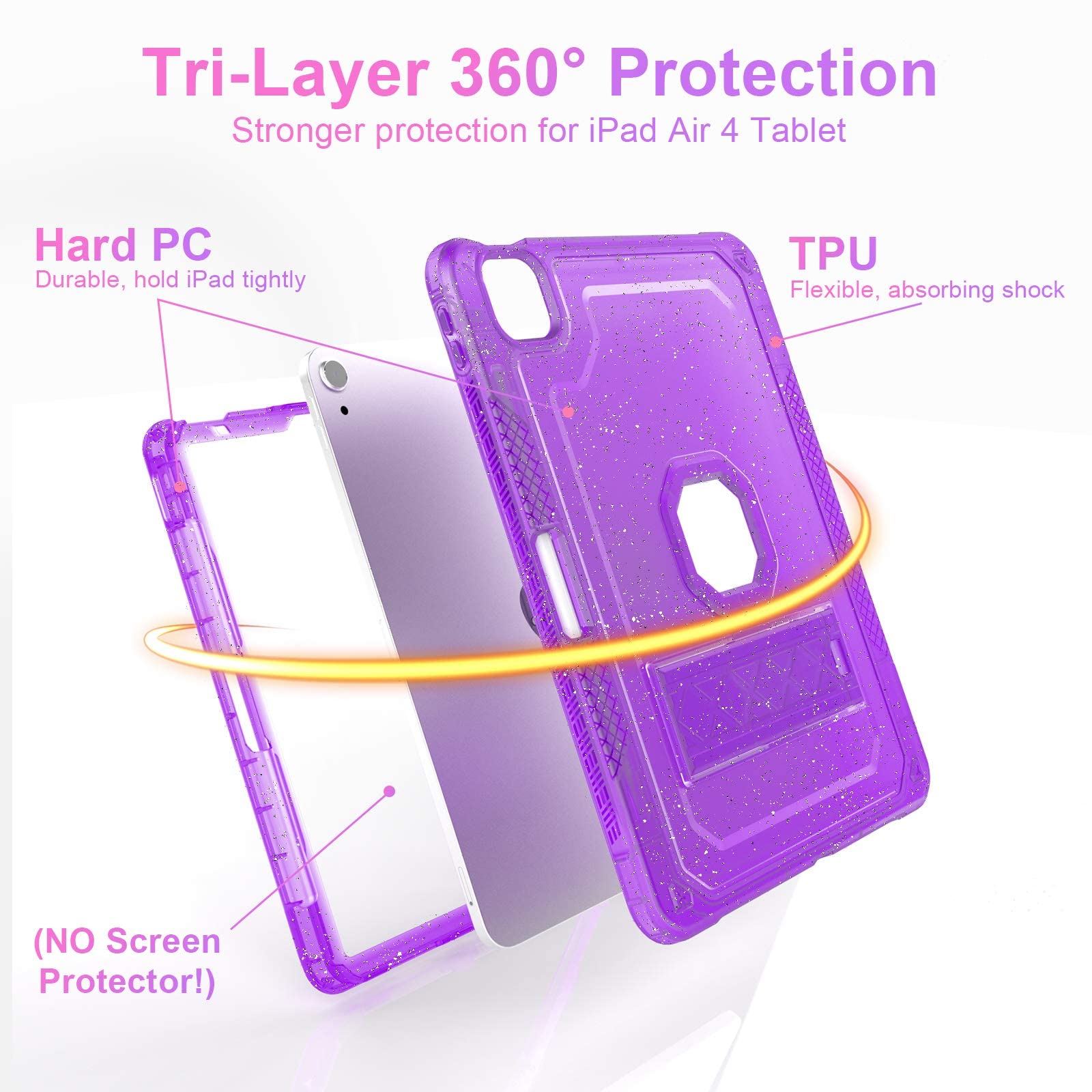 Premium iPad Air 5th/4th Gen (2022/2020) & iPad Pro 11-inch Case - Slim Hard Protective Cover with Pencil Holder & Kickstand, Clear Purple Glitter Design for Women - Perfect for Work, School & Travel