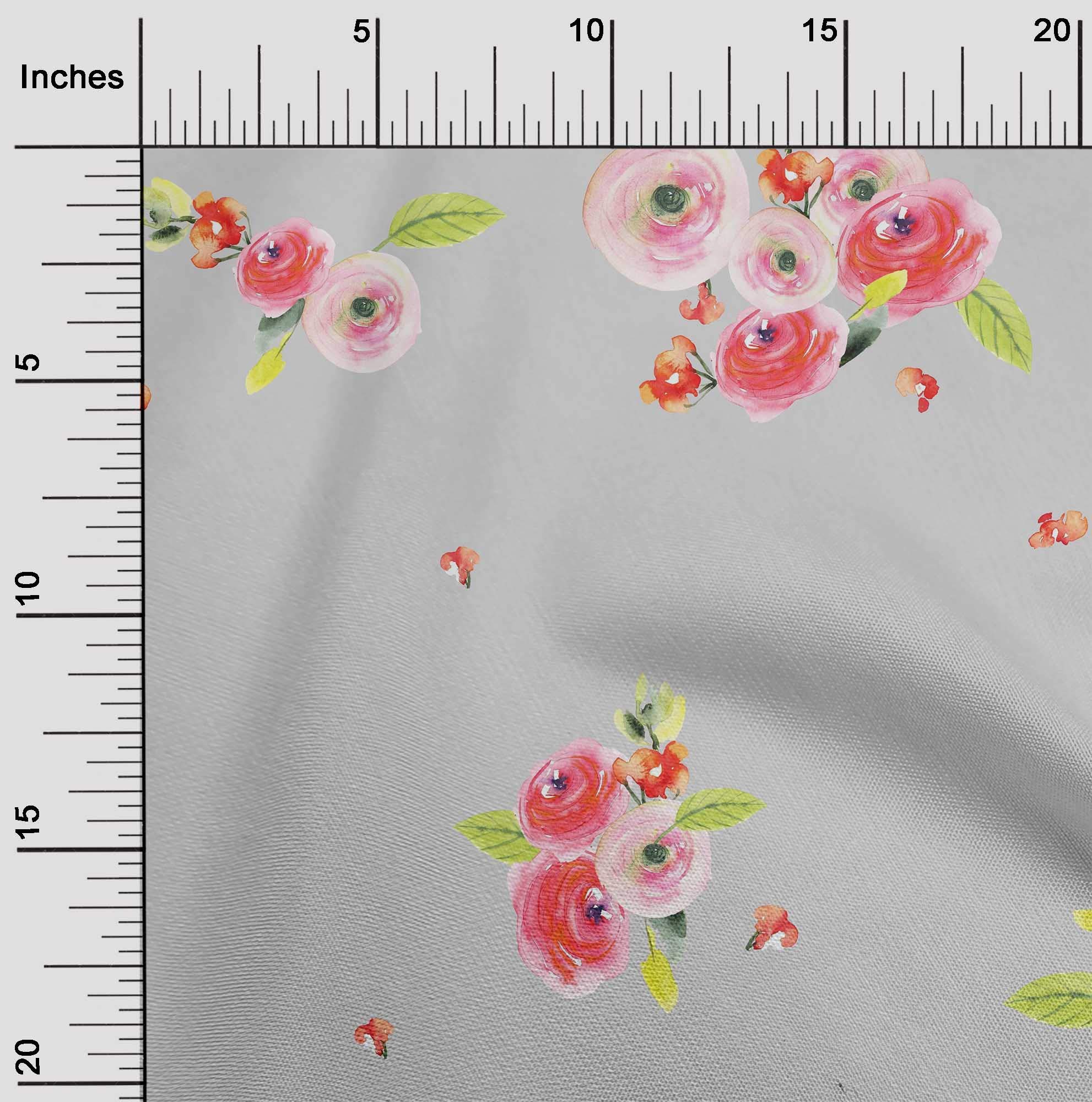 Premium Cotton Poplin Fabric - Leaves & Peach Floral Watercolor Print - 56