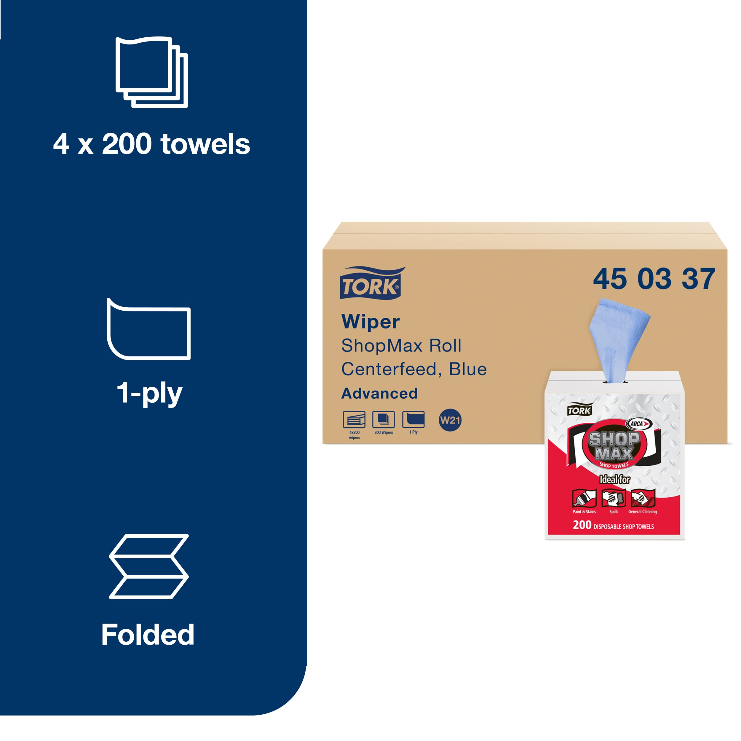 Tork ShopMax Heavy Duty Centerfeed Paper Towels - Blue, Self-Dispensing, High Absorbency, 4 Rolls x 200 Sheets (450337) - Ideal for Commercial Kitchens, Restaurants & Office Break Rooms