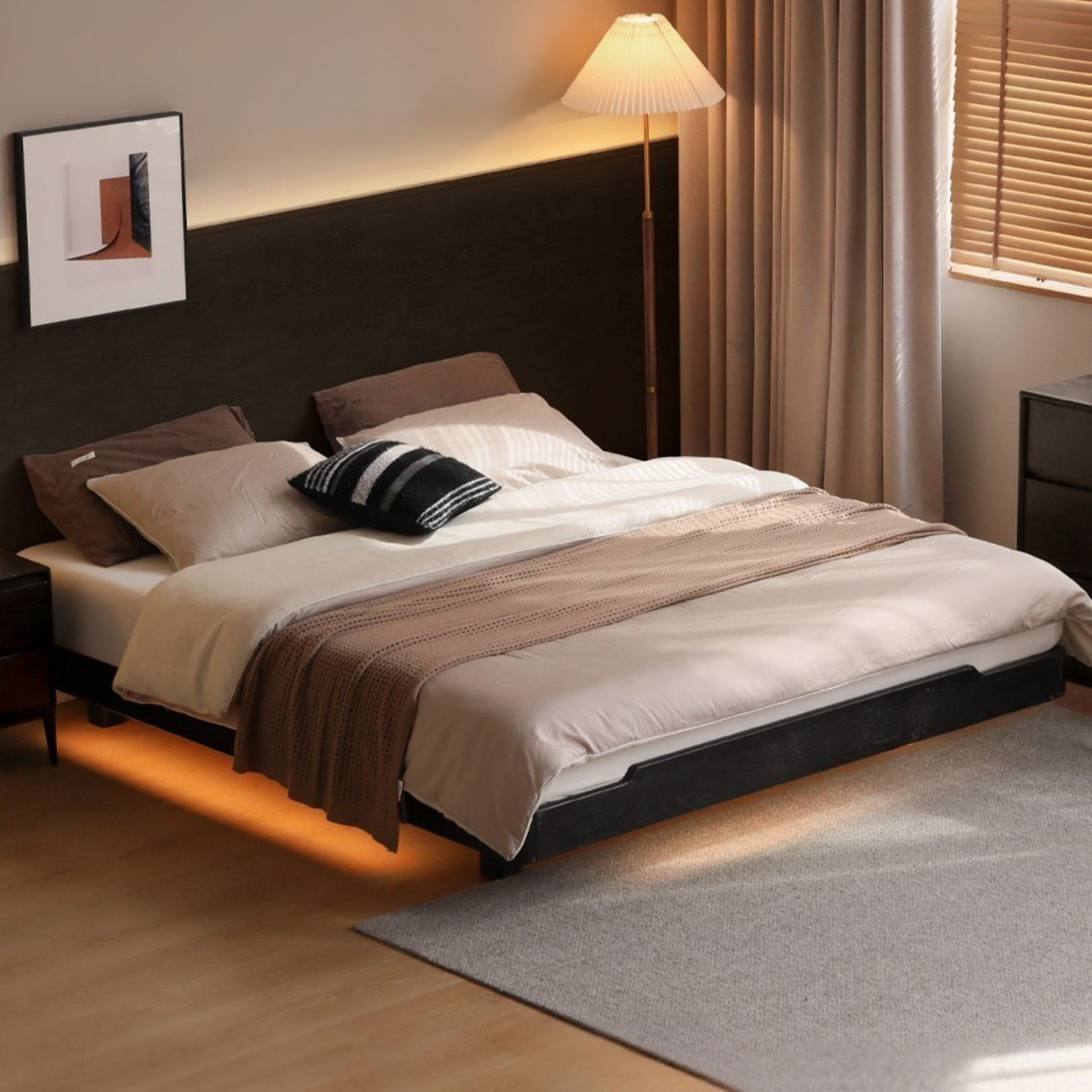 Solid Oak Wood Floating Platform Bed - No Headboard, Black Finish with LED Lights - Perfect for Modern Bedroom & Minimalist Home Decor