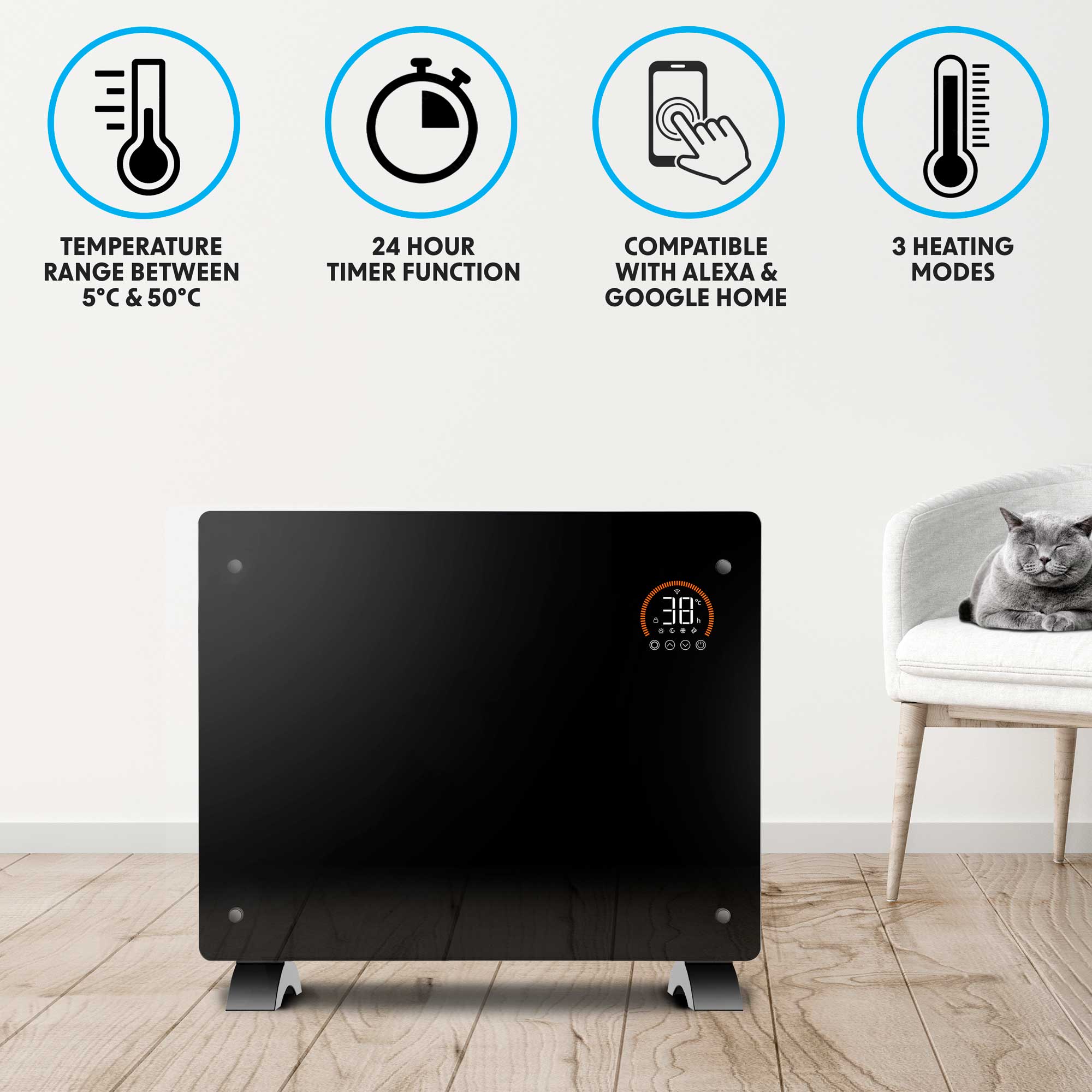 Baridi 1500W Smart WiFi Electric Glass Panel Heater with Remote Control & 24/7 Timer - Energy Efficient Space Heater for Bedroom, Office, Living Room - Modern Black Design (Model DH137)