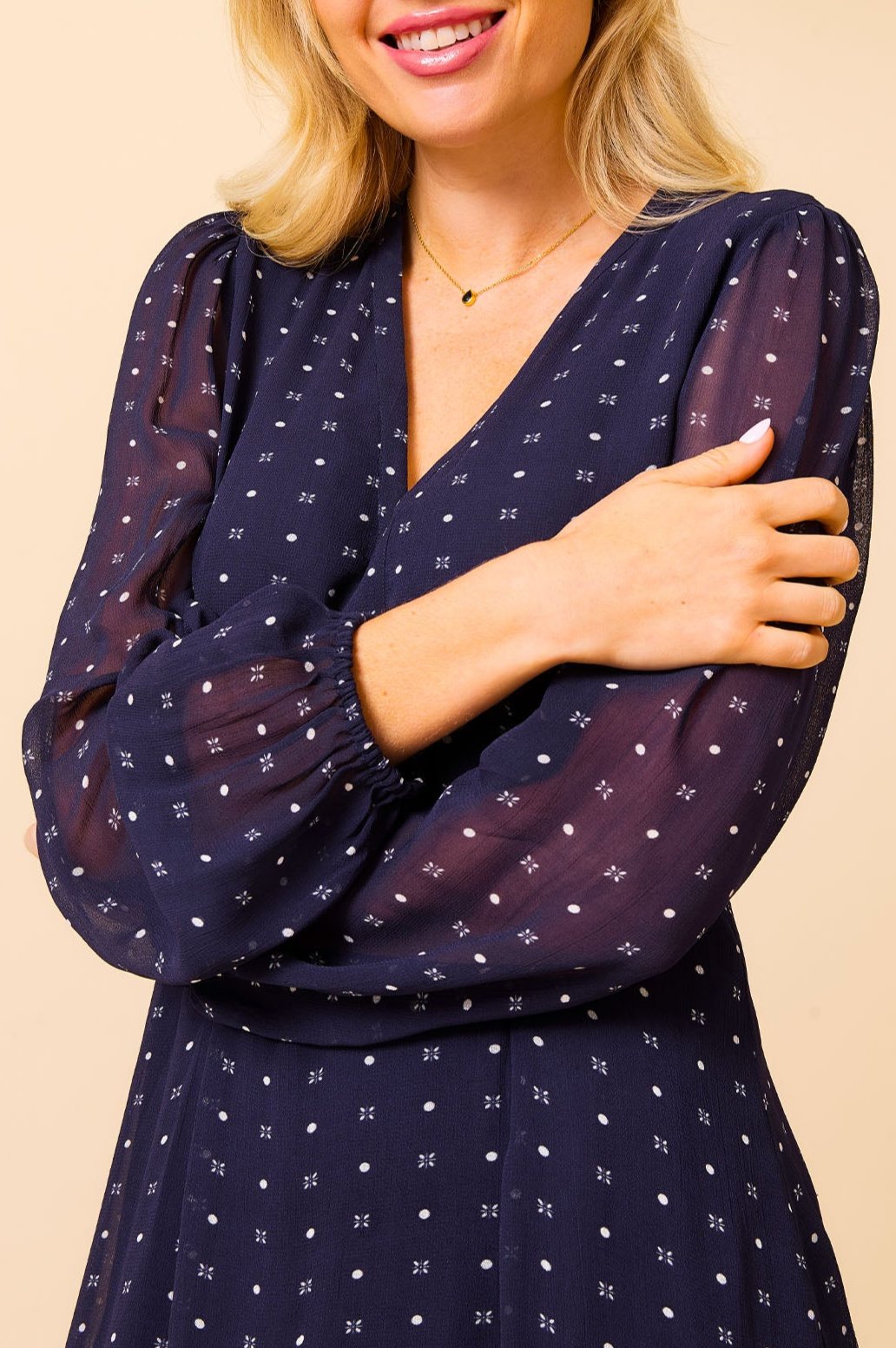 Evelyn Polka Dot Navy and White Dress - Women's Floral Summer Dress for Casual Wear, Office, and Special Occasions