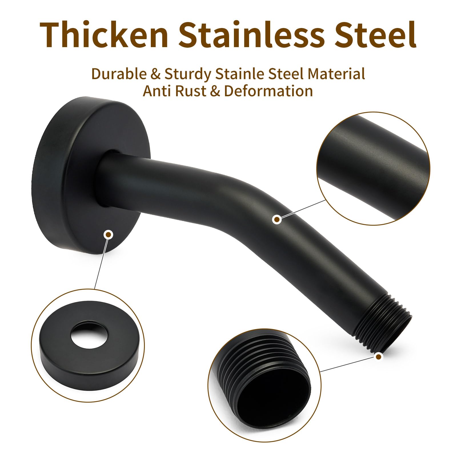 304 Stainless Steel Shower Arm with Flange & Teflon Tape - 6 Inch Matte Black Extension Pipe for Wall-Mounted Fixed & Handheld Showerheads - Anti-Rust Bathroom Upgrade for Modern Homes