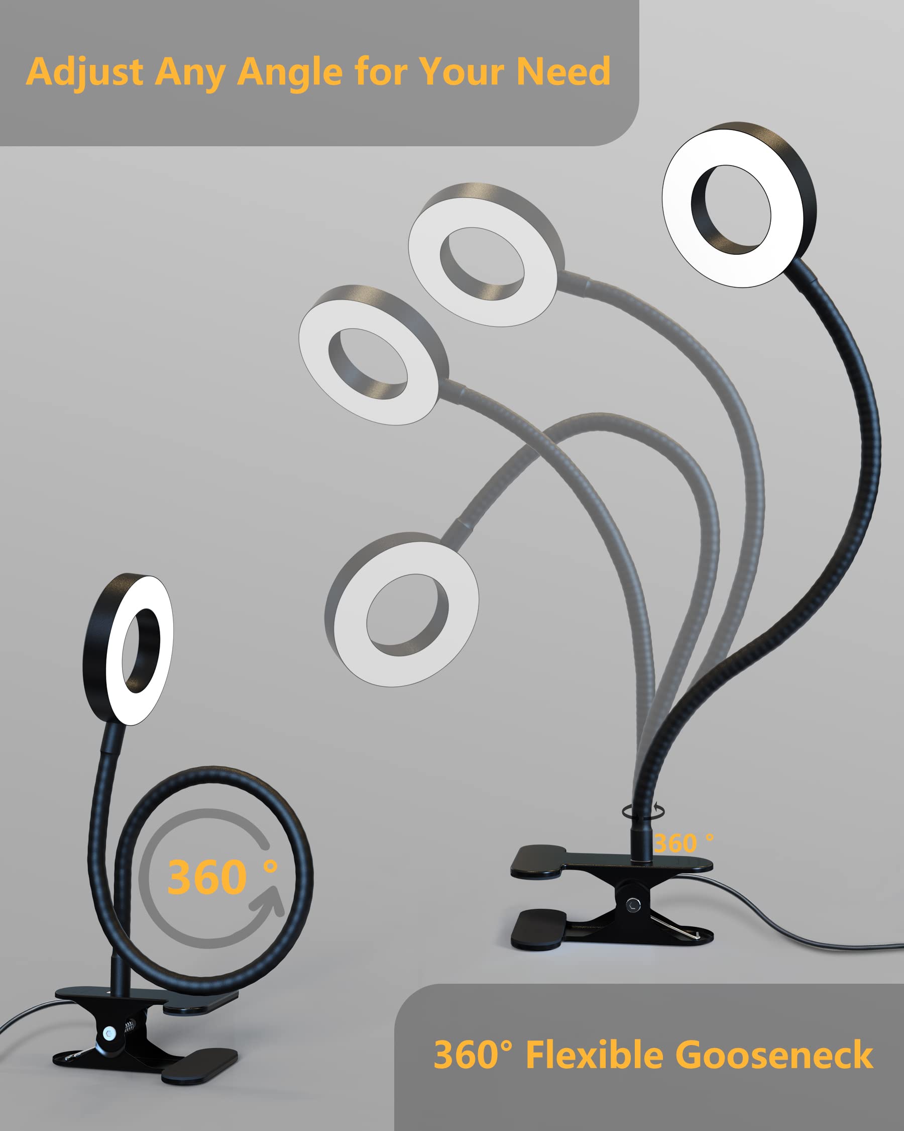 Adjustable Clip On Desk Lamp with Clamp - 360° Swivel Reading Light for Home Office, Bed Headboard & Nightstand - 10 Dimmable Brightness Levels & 3 Eye-Care Modes - Perfect for Studying, Working & Bedtime Reading