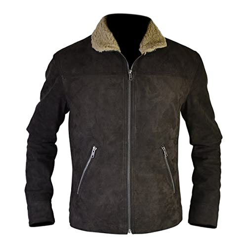 Distressed Suede Leather Jacket with Shearling Collar - Walking Dead Rick Grimes Style, Season 4 Inspired - Perfect for Cosplay, Halloween Costumes & Winter Fashion
