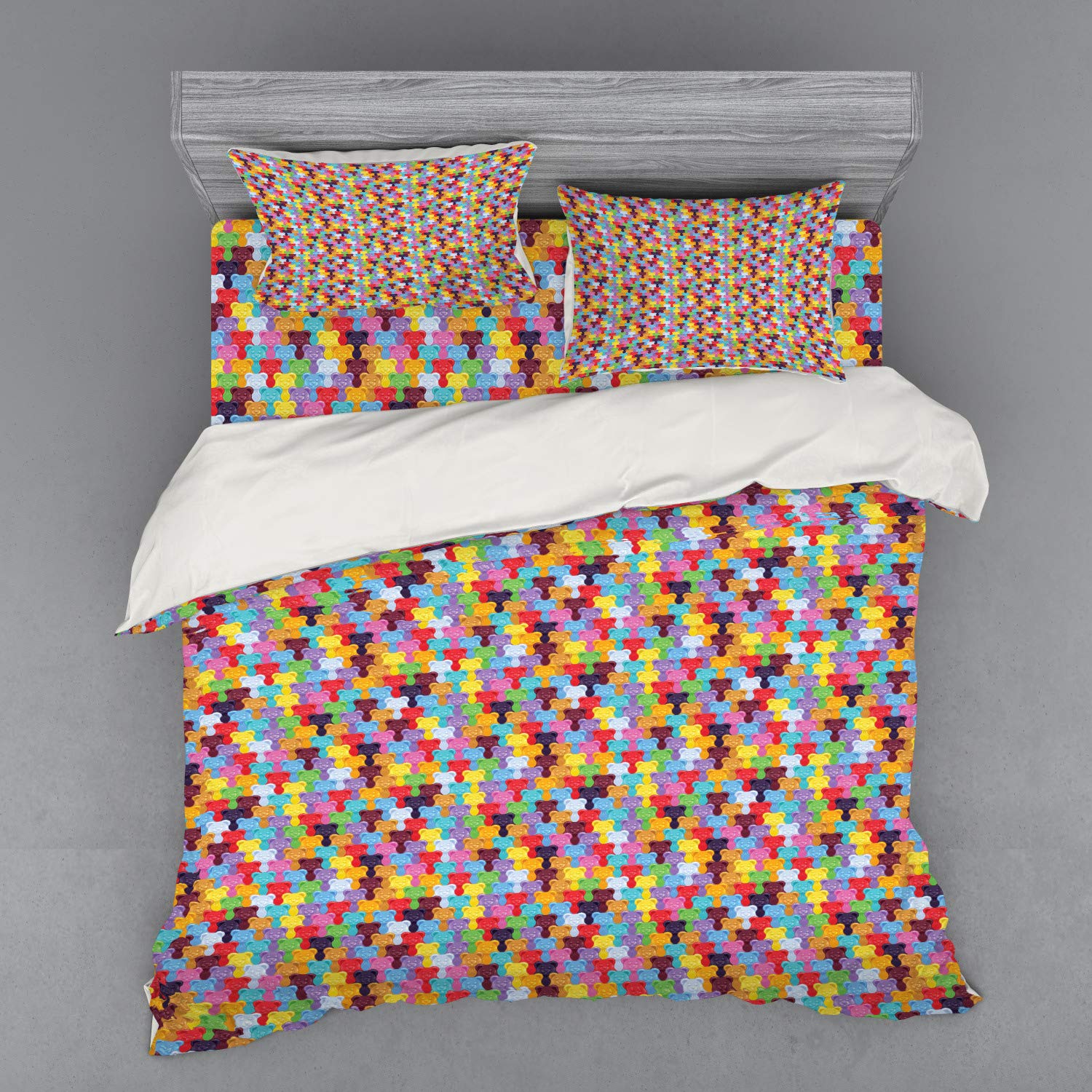 Ambesonne Gummy Bears Duvet Cover Set - 3 Piece King Size Bedding with Sham & Fitted Sheet, Vibrant Colorful Candy Tile Design for Sweet Dreams | Perfect for Kids' Rooms, Teen Bedrooms & Fun Home Decor