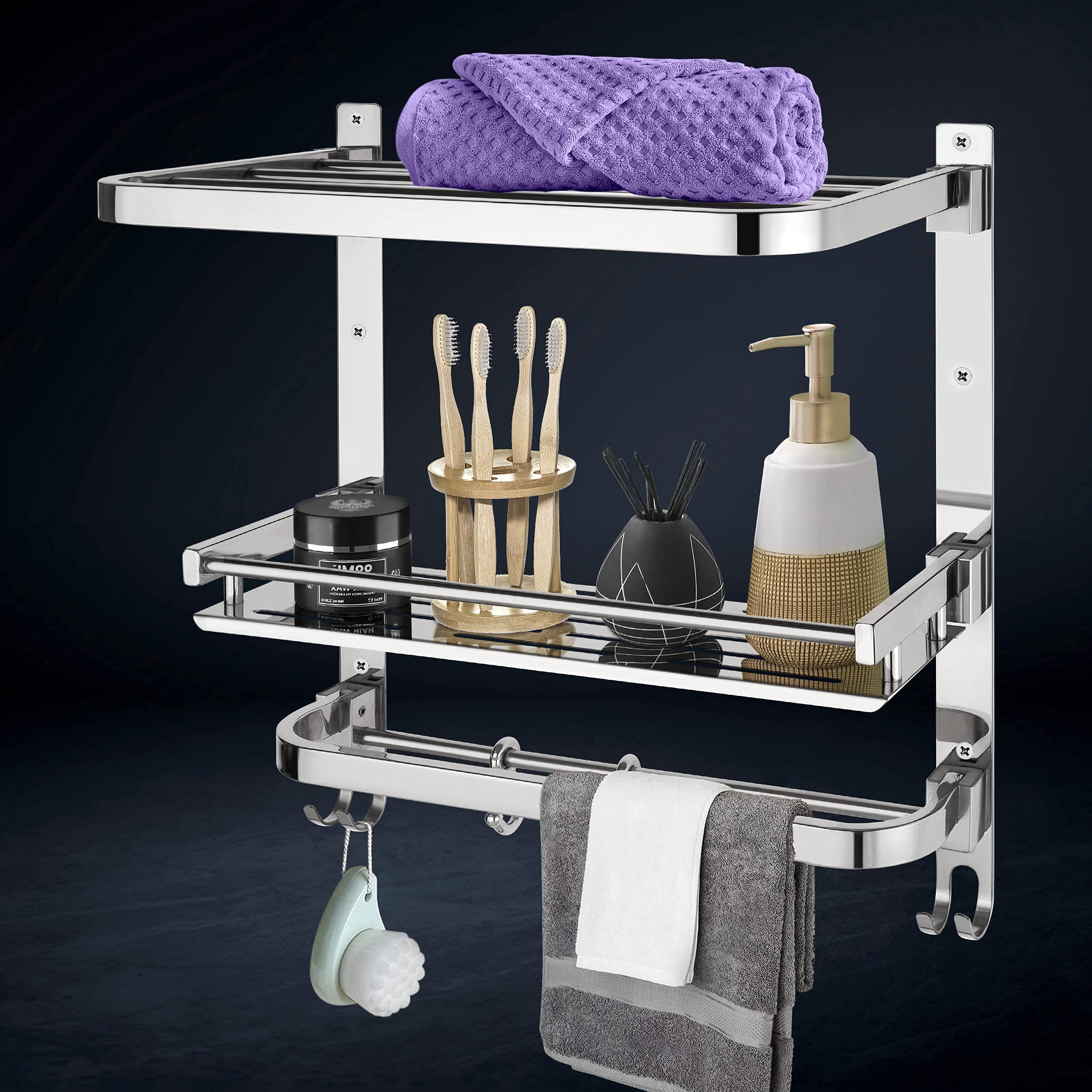 Plantex 3-Tier Chrome Folding Bathroom Wall Shelf - 304 Stainless Steel Bathroom Organizer with Hooks & Towel Rod - Space Saving Storage for Towels, Toiletries & Shower Essentials - Perfect for Small Bathrooms, Apartments & RVs