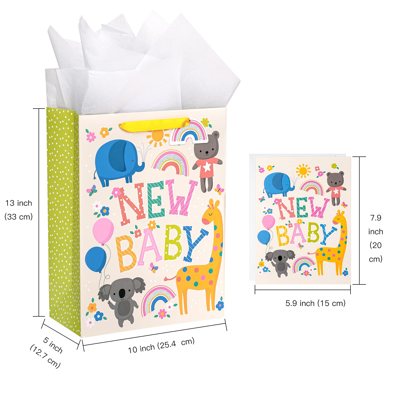 WRAPAHOLIC 13 Inch Large Baby Shower Gift Bags with Greeting Card & Tissue Paper - Adorable Elephant & Giraffe Designs - Perfect for Newborn Gifts, Baby Showers & Birthday Presents