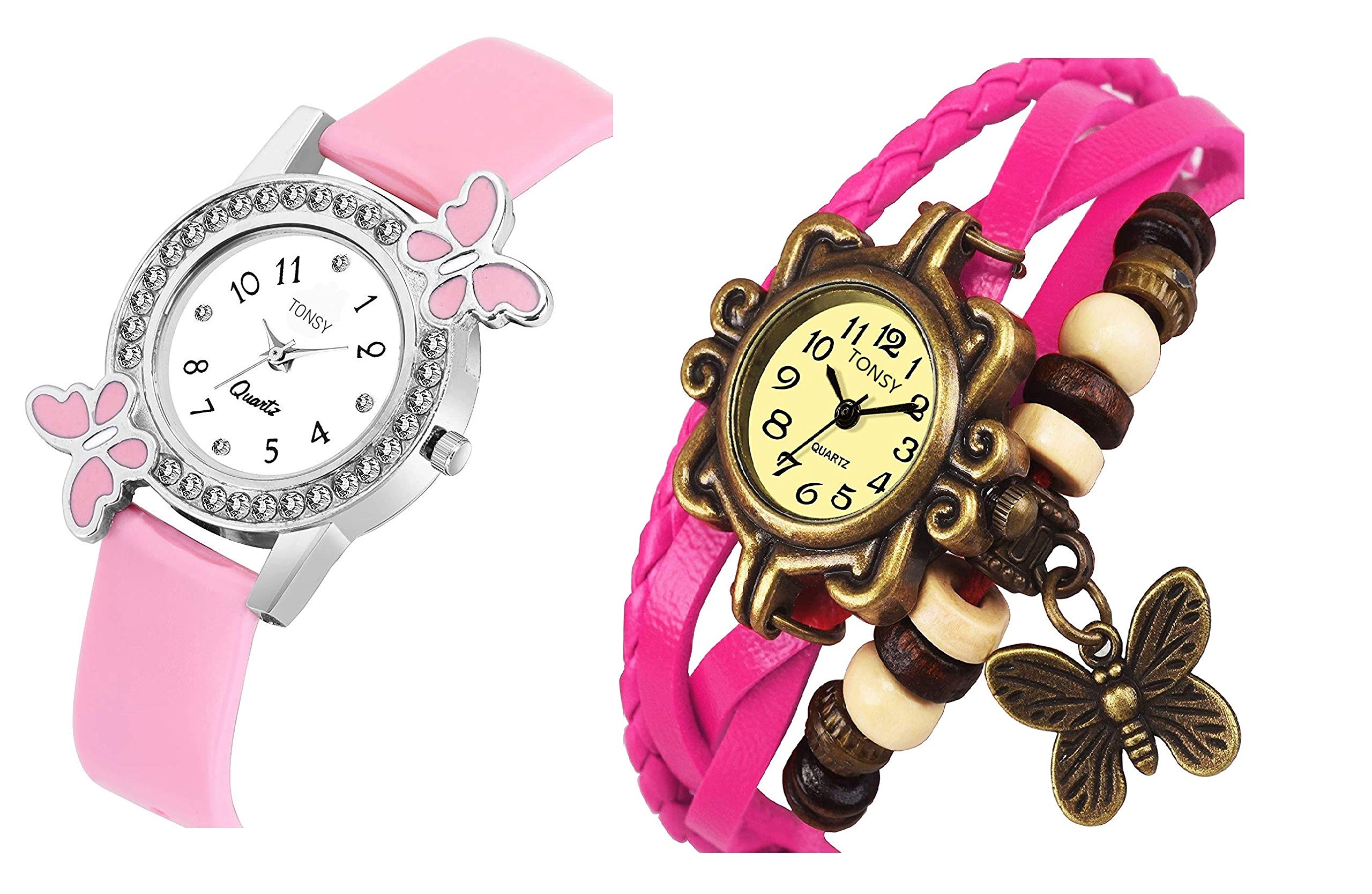 TONSY Analog Girls' Watches - 2 Pack Cute White Dial & Pink Strap Wristwatch for Kids - Perfect for School, Birthday Gifts & Everyday Wear