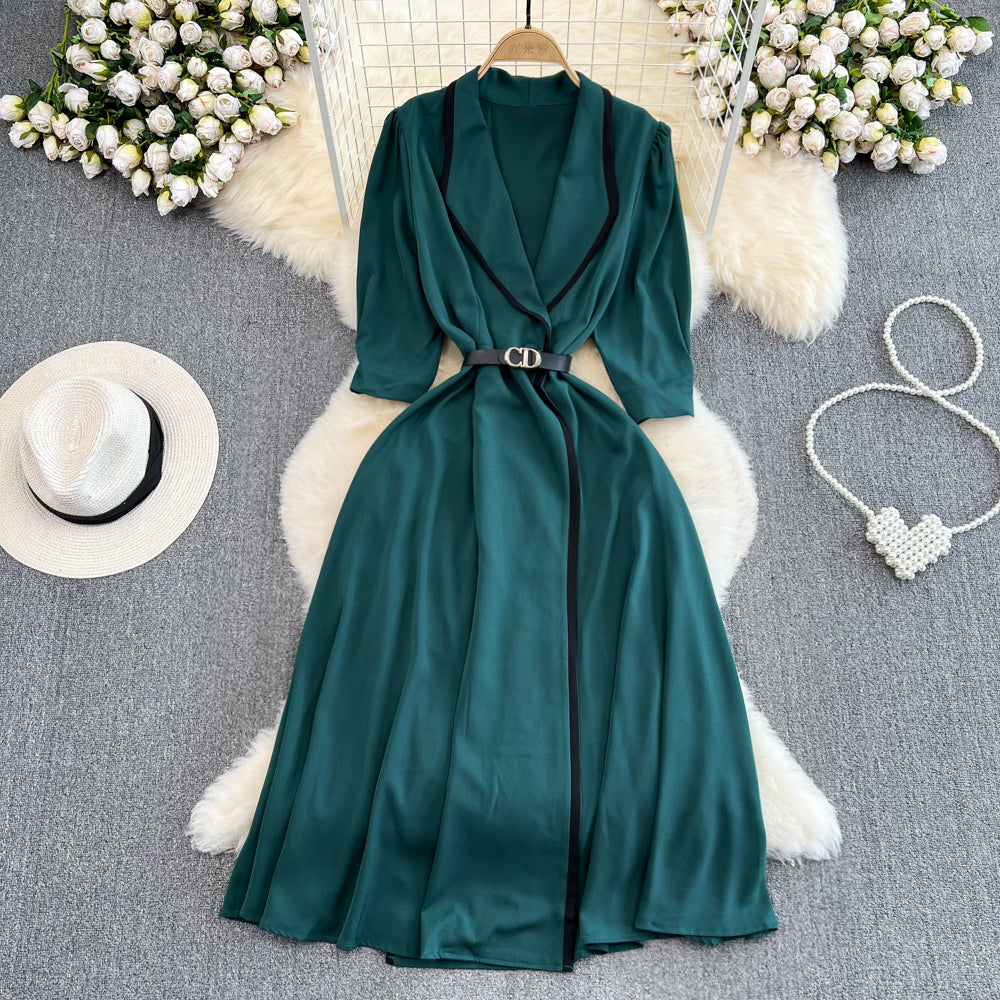 French Retro Suit Collar Dress - Elegant Swing Long Skirt for Women | Vintage 1950s Style Party Dress | Perfect for Cocktail Parties, Weddings & Formal Events