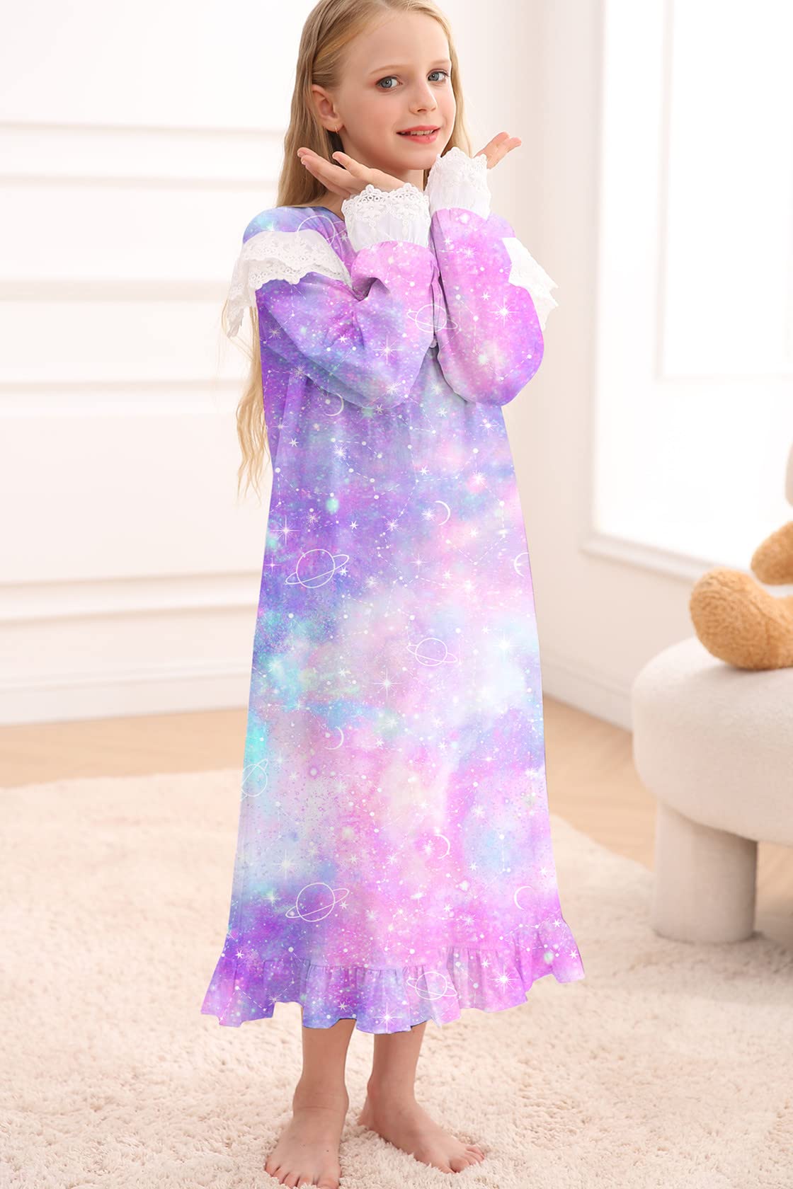 Lovekider Girls Christmas Nightgowns - Cute Lace Xmas Pajamas Dress Long Sleeve Princess Nightdress Sleep Shirts for Kids 4-12 Years | Holiday Family Photos, Christmas Morning, Sleepovers & Cozy Winter Nights