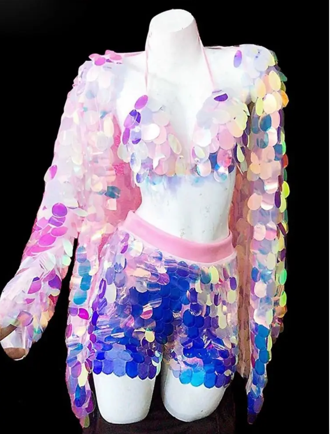 Rainbow Sequin Kimono Top & Shorts Set - Festival Outfit, Birthday Party Costume, Mermaid Dress for Women - Perfect for Halloween, Cosplay & Themed Events
