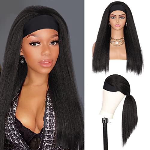 Youthfee 24 Inch Kinky Straight Headband Wig for Women - Long Yaki Straight Synthetic Turban Wig with Drawstring | Glueless Scarf Wigs for Black Women | Perfect for Daily Wear, Cosplay & Protective Styling