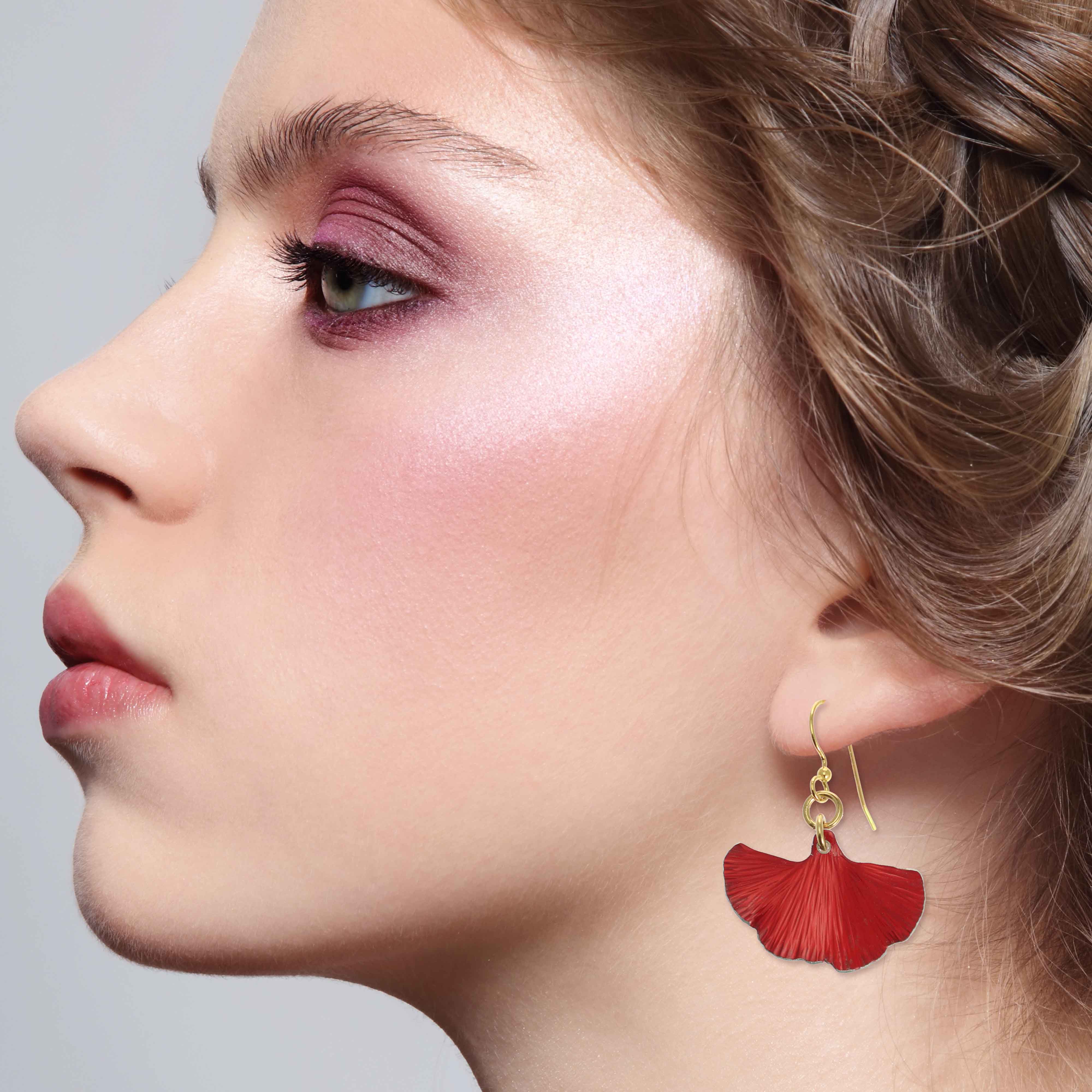 Small Red Ginkgo Leaf Anodized Aluminum Earrings for Women - Lightweight Dangle Earrings for Everyday Wear, Office, Date Night & Special Occasions