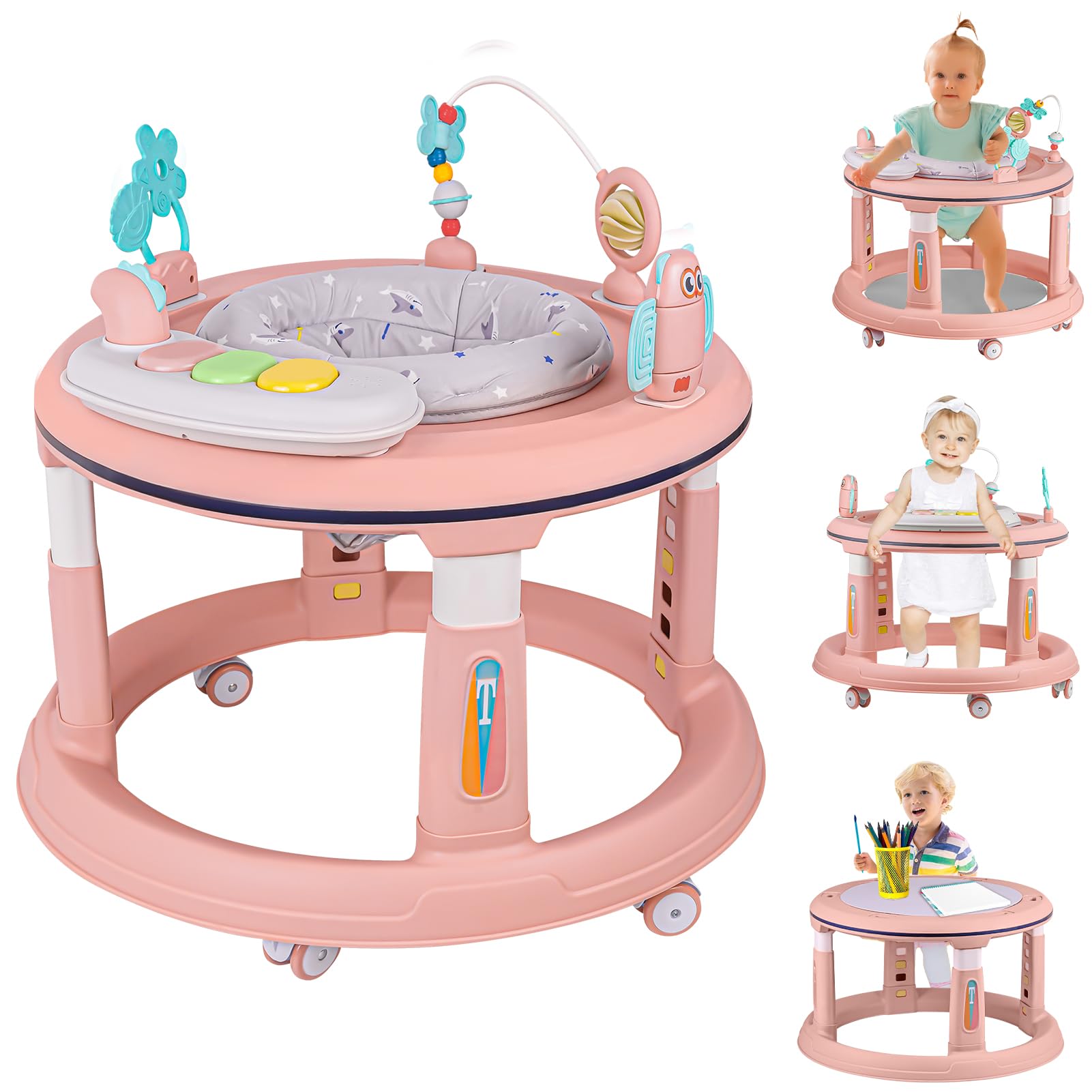 360° Swivel Baby Walker with Music & Lights - Adjustable Height Activity Center for Infants 6-12 Months | Detachable Toys, Bounce Foot Pad | Perfect for Learning to Walk & Indoor Playtime