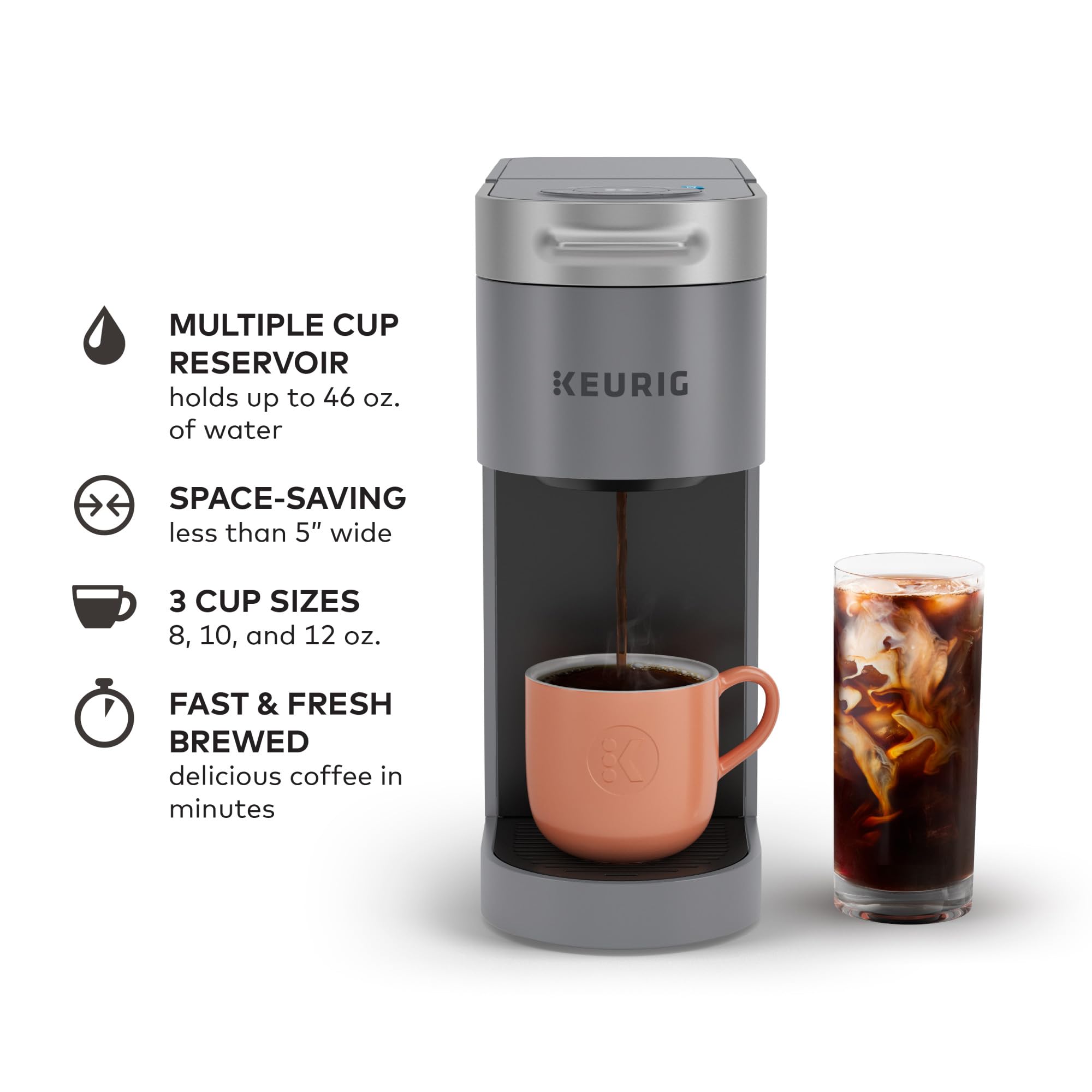 Keurig K-Slim + ICED Single Serve Coffee Maker - Brew Hot & Cold Coffee, 8-12oz Cup Sizes, 46oz Removable Water Tank, Compact Gray Design - Perfect for Home, Office, or Dorm Use