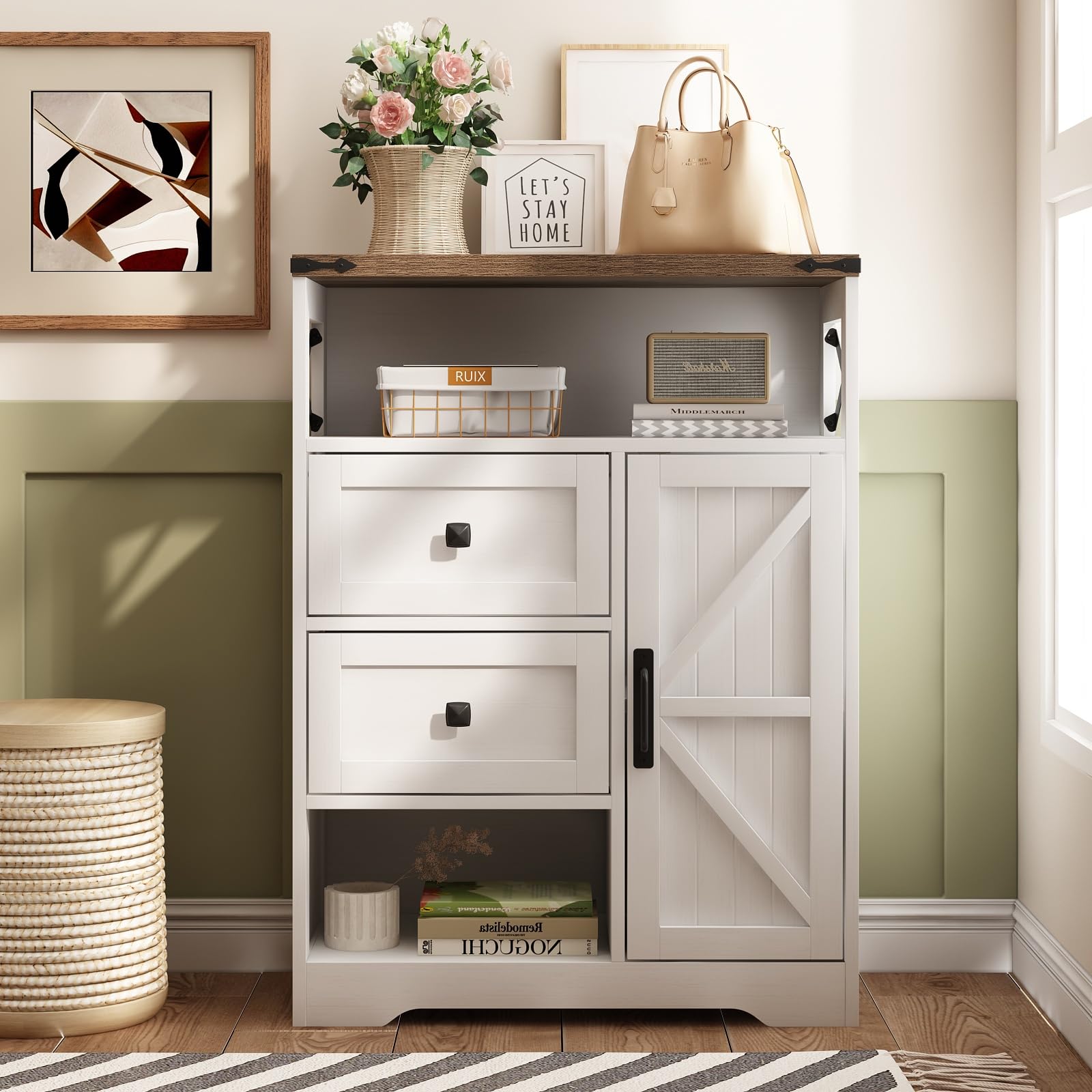 White Farmhouse Storage Cabinet with 2 Drawers & Open Shelves - Freestanding Organizer for Living Room, Bathroom, Kitchen & Laundry - Perfect for Home Decor, Storage Solutions & Small Space Organization