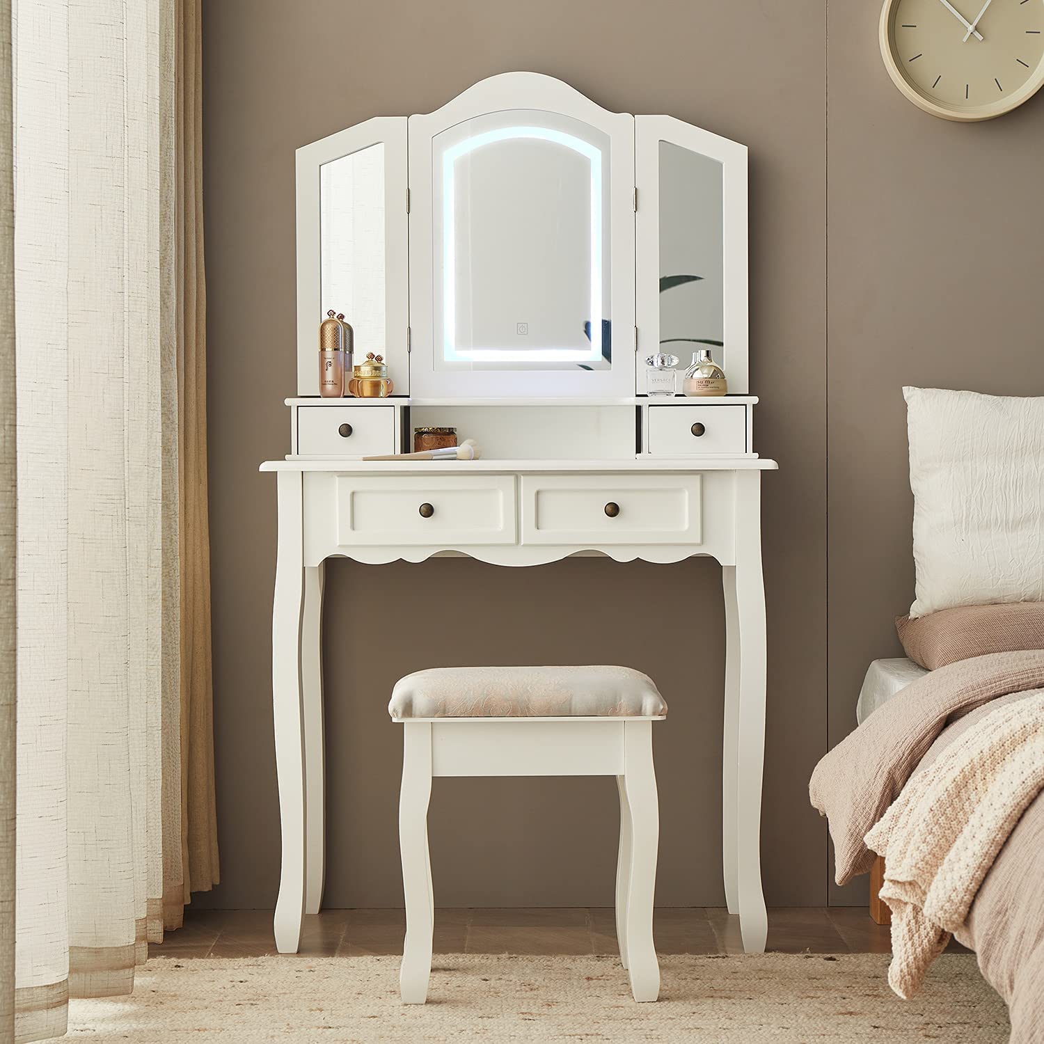 Bonrcea White Vanity Table Set with Tri-Folding LED Mirror & Large Storage Drawers - Makeup Dressing Desk with Cushioned Stool & Lights - Perfect for Bedroom, Dorm Room, and Beauty Salon Makeup Station