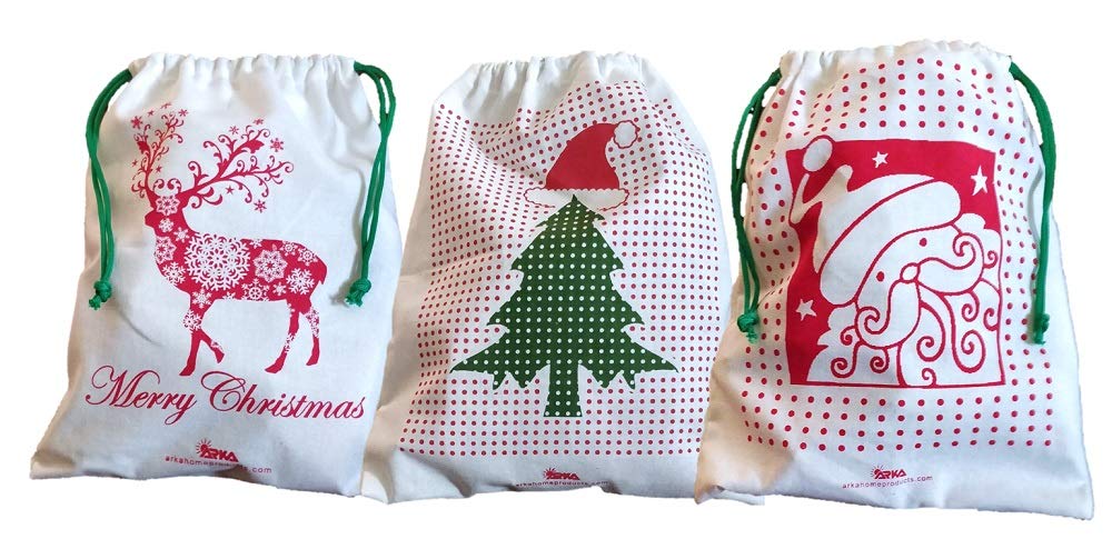Arka Christmas Drawstring Gift Bags - Set of 3 Premium 100% Cotton Canvas Bags | Eco-Friendly Holiday Gift Packaging (10x12 Inches, Off-White) - Perfect for Christmas Presents, Party Favors & Stocking Stuffers