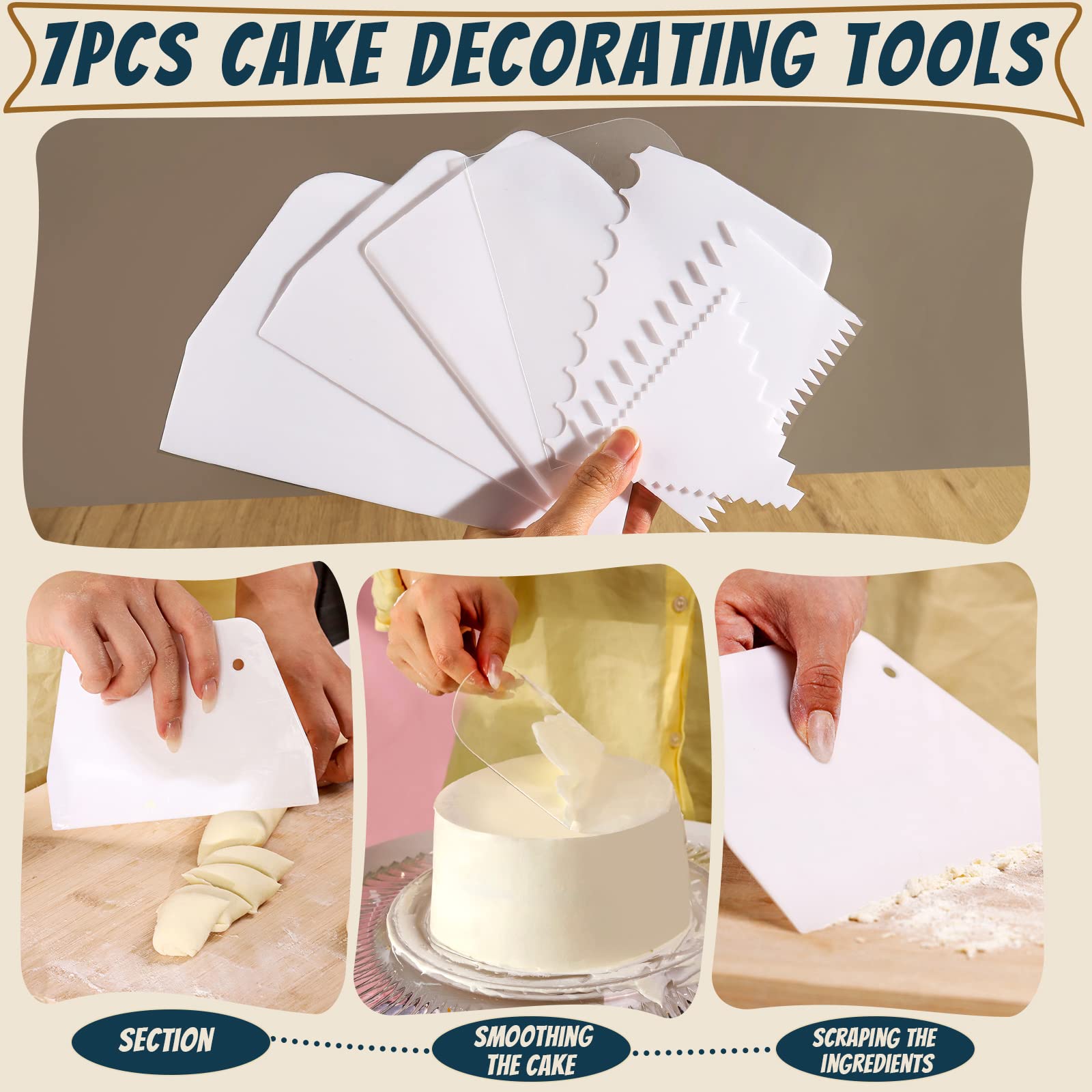 **7-Piece Cake Decorating Kit - Plastic Dough Scraper, Bowl Scraper, Cake Smoother & Bench Scraper for Baking, Cake Decorating & Kitchen Use | Perfect for Home Bakers & Professional Chefs**